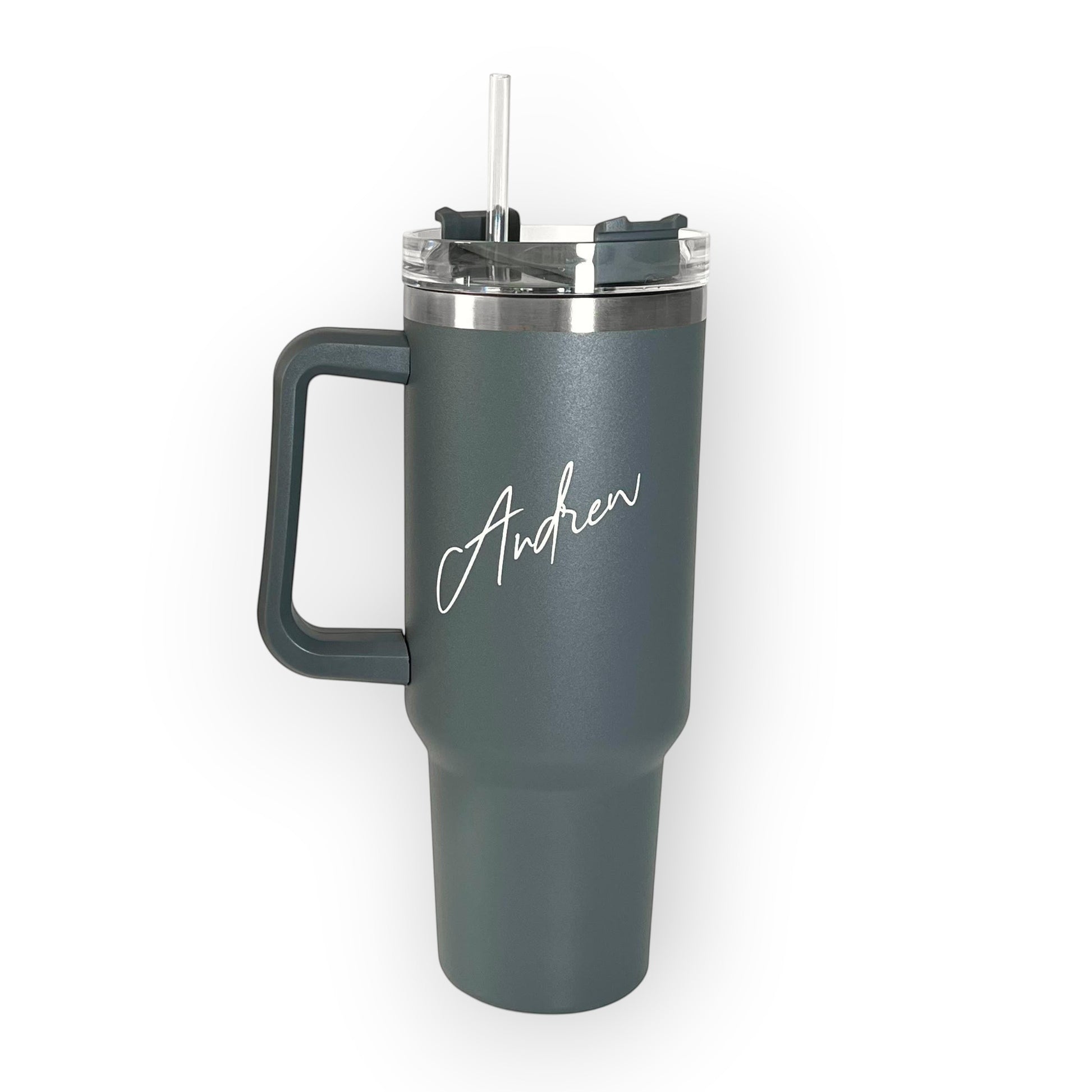 HouseEco dark grey stainless steel insulated travel mug with handle, straw, and personalised name engraving.
