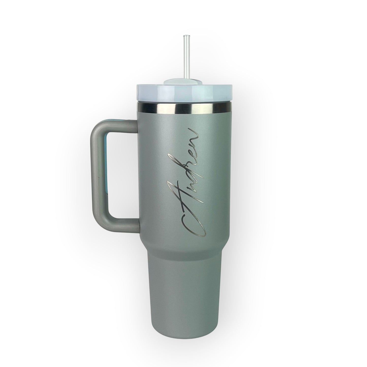 HouseEco personalised large grey stainless steel travel mug with handle and straw, 1.2L capacity, engraved with 'Andrew'.