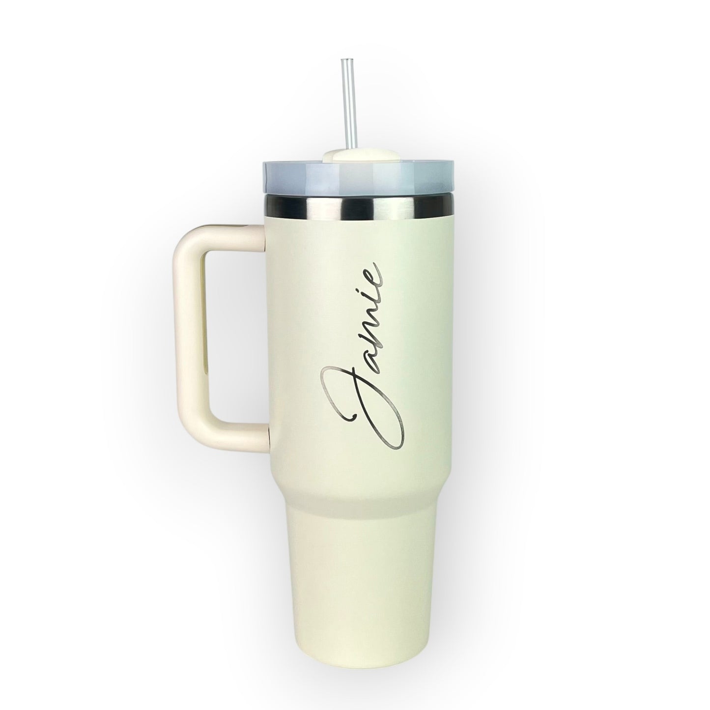 HouseEco personalised large 1.2L cream stainless steel travel mug with handle and straw, custom engraved with 'Jamie'.