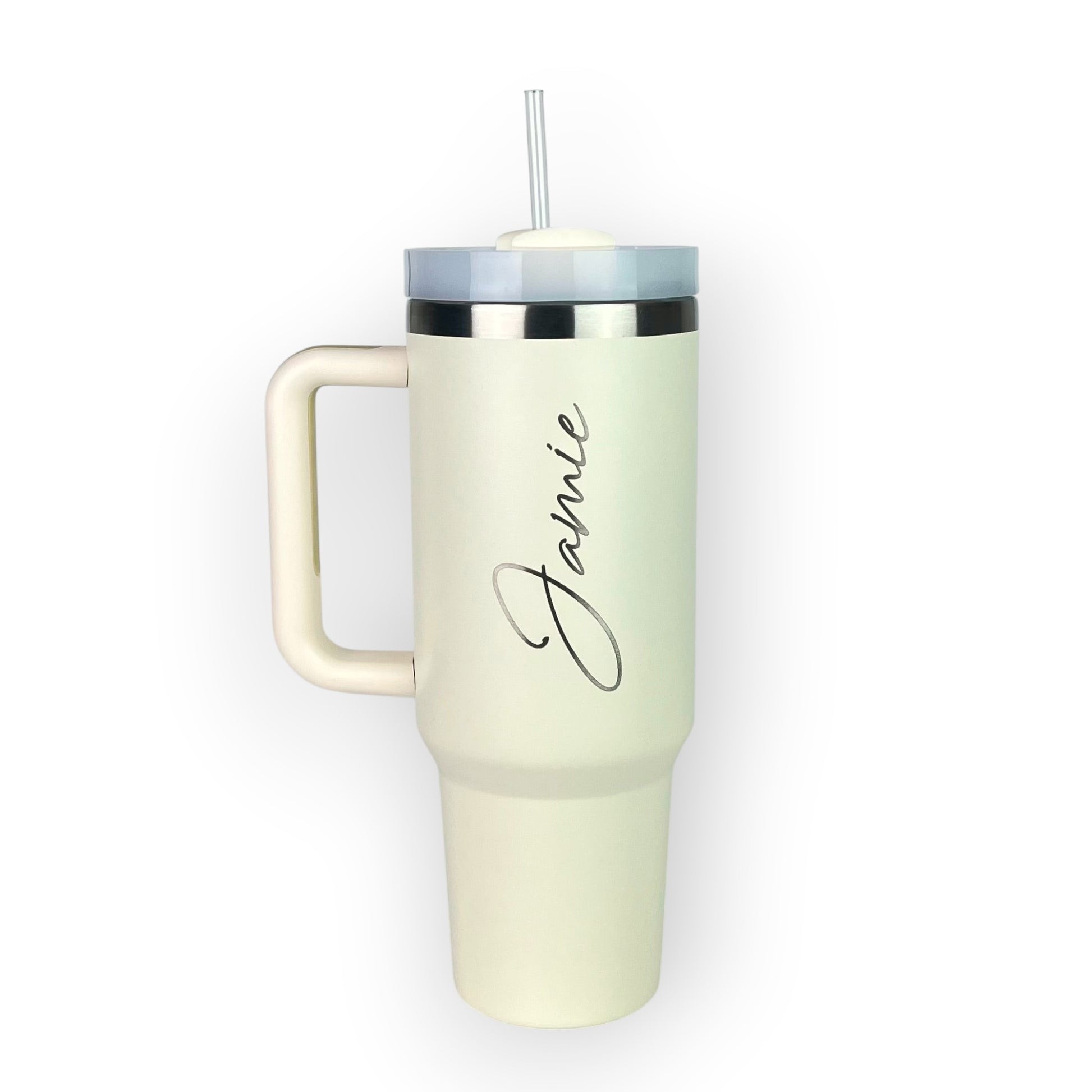 HouseEco personalised large 1.2L cream stainless steel travel mug with handle and straw, custom engraved with 'Jamie'.