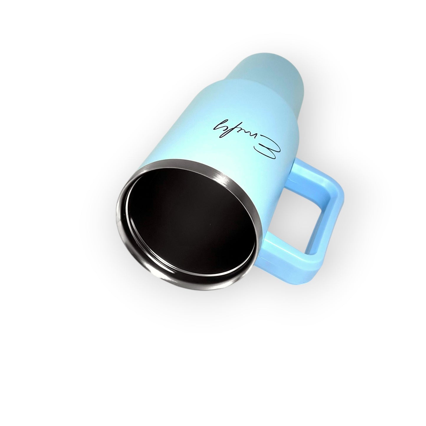 HouseEco light blue 1.2L insulated travel mug with handle and straw, personalised with name engraving.