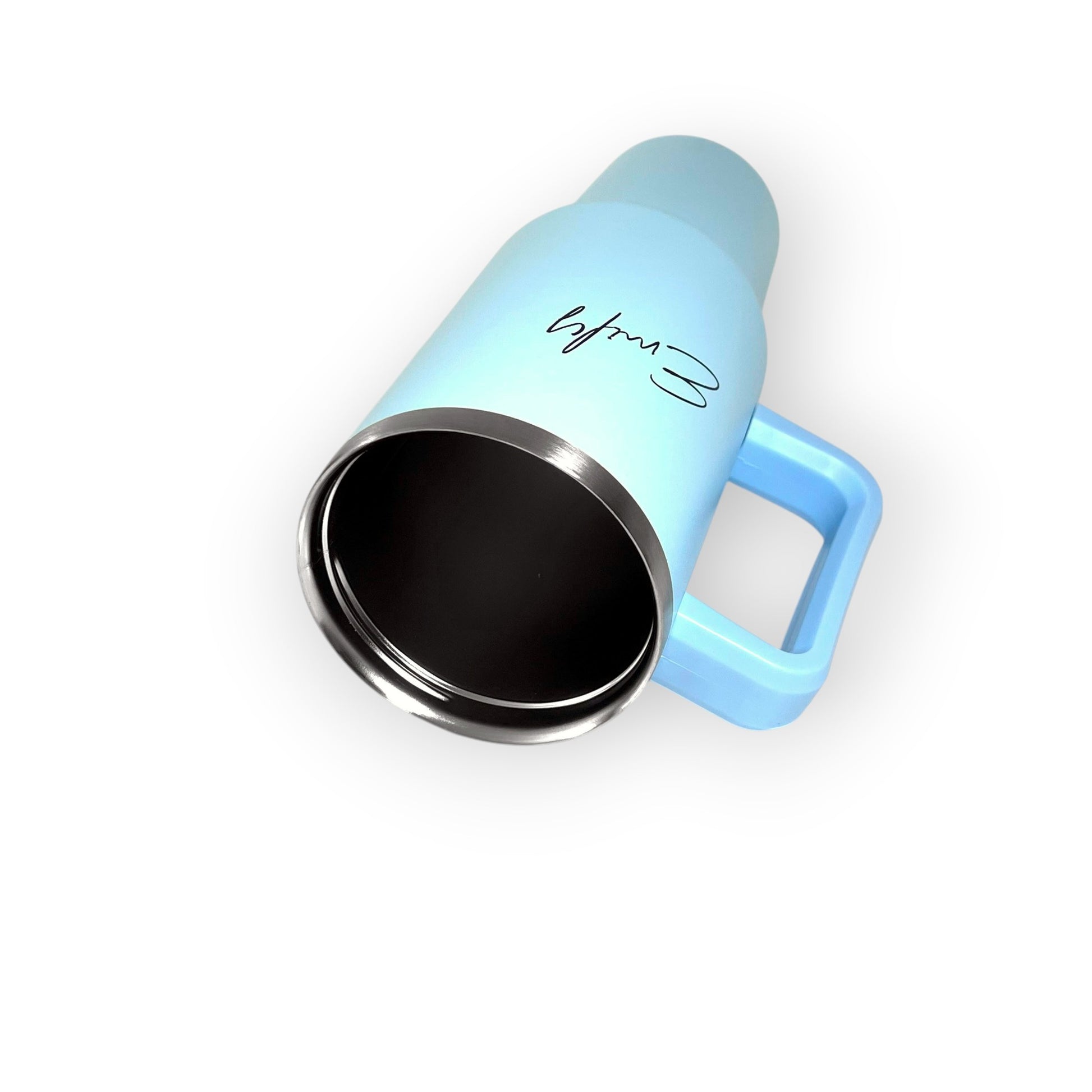 HouseEco light blue 1.2L insulated travel mug with handle and straw, personalised with name engraving.