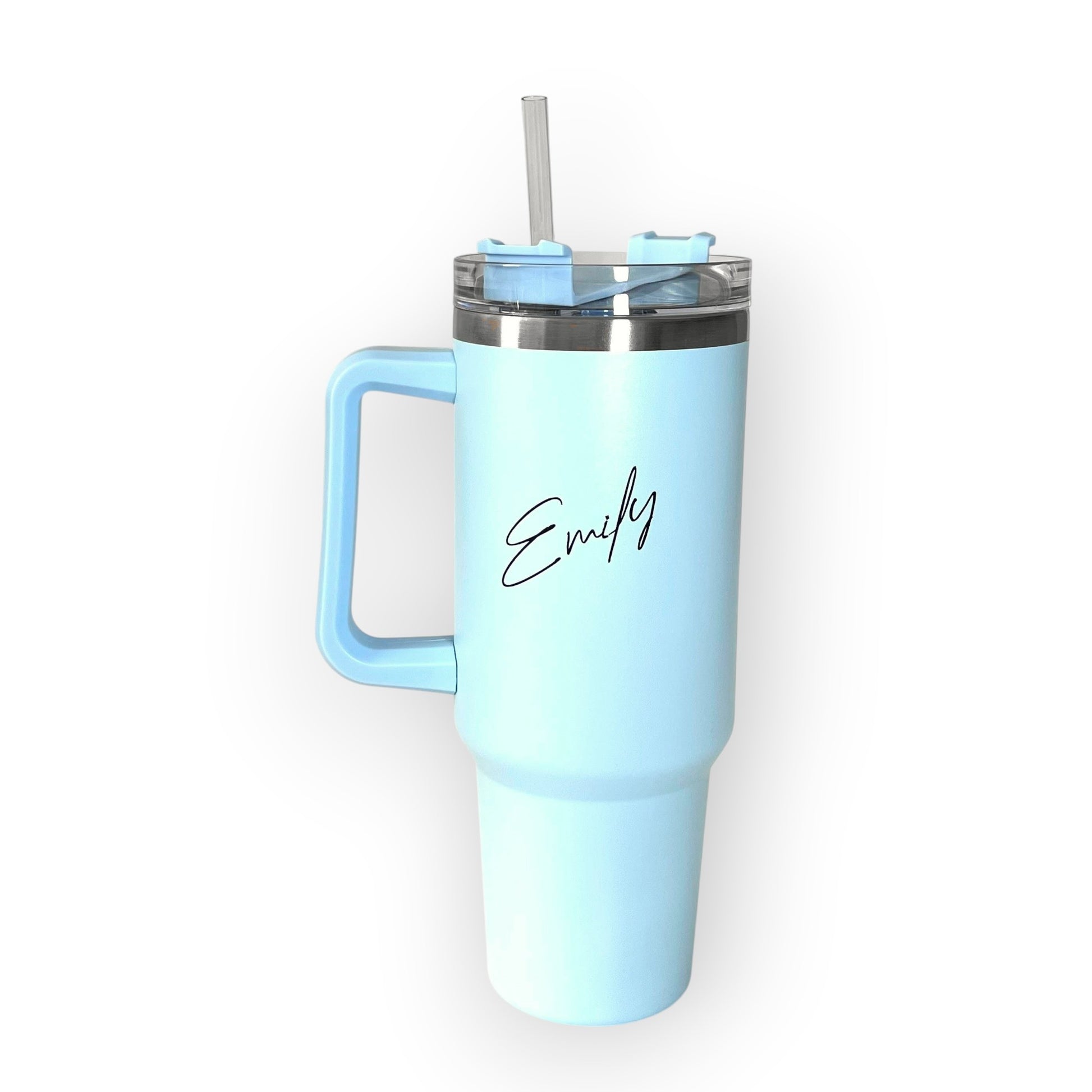 HouseEco light blue 1.2L insulated travel mug with handle, straw, and personalised name engraving.