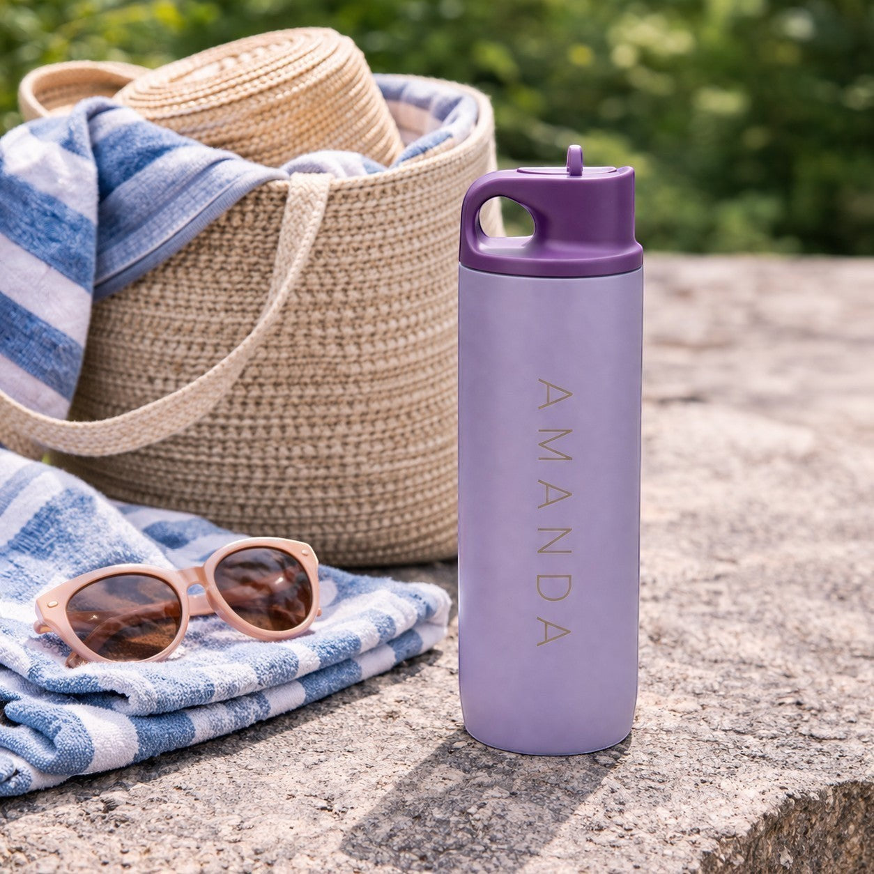 HouseEco personalised lilac insulated metal water bottle with flip straw and carry handle, 500ml.