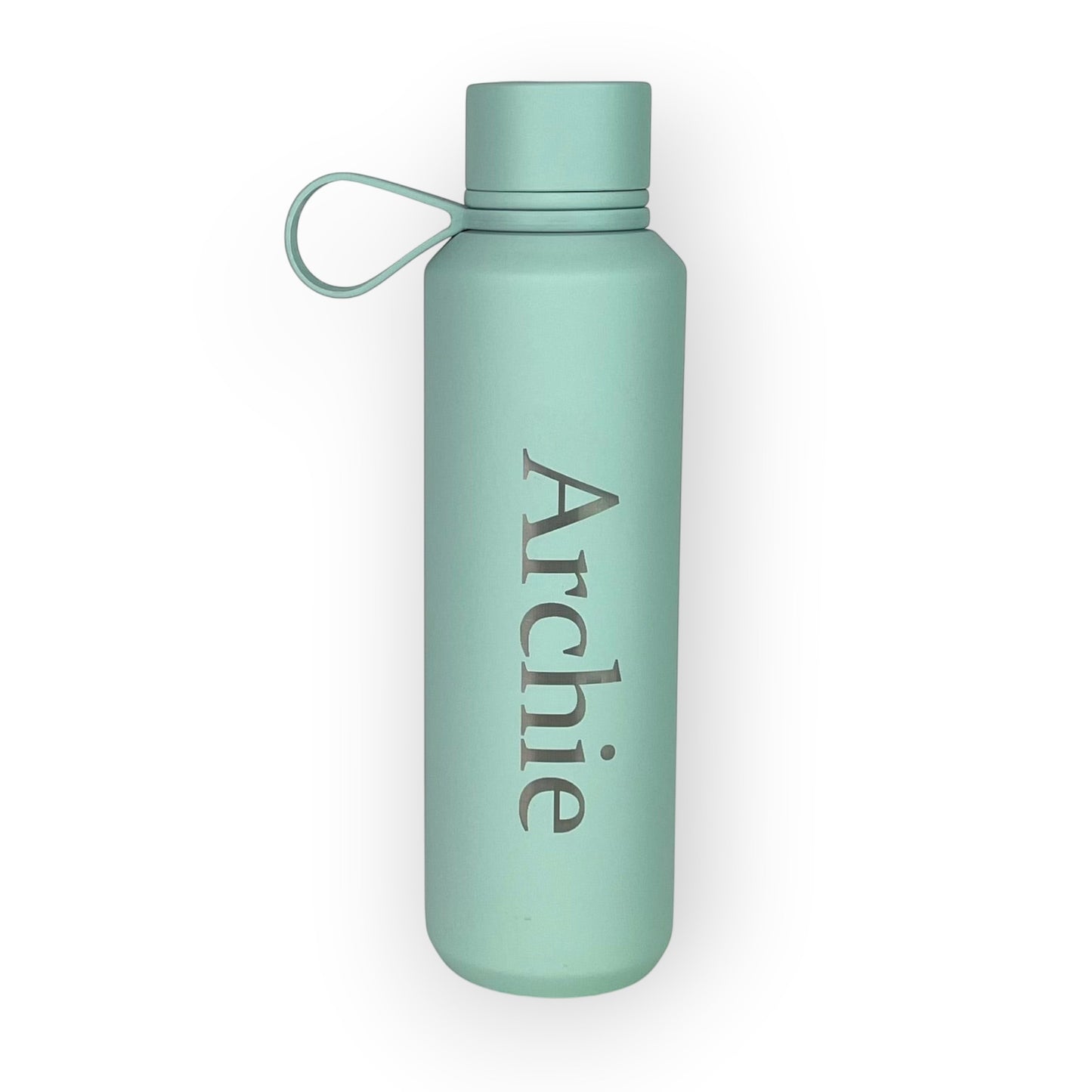 HouseEco 600ml mint green soft-touch insulated water bottle with silicone carry handle and personalised name.