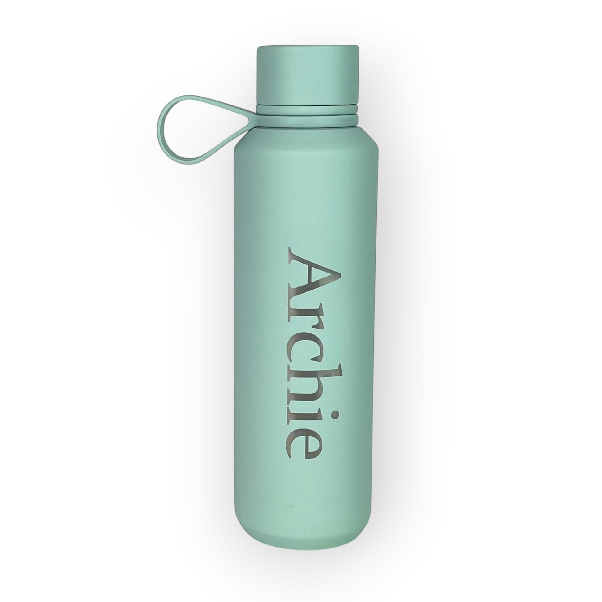 HouseEco 600ml mint green soft-touch insulated water bottle with silicone carry handle and personalised name.