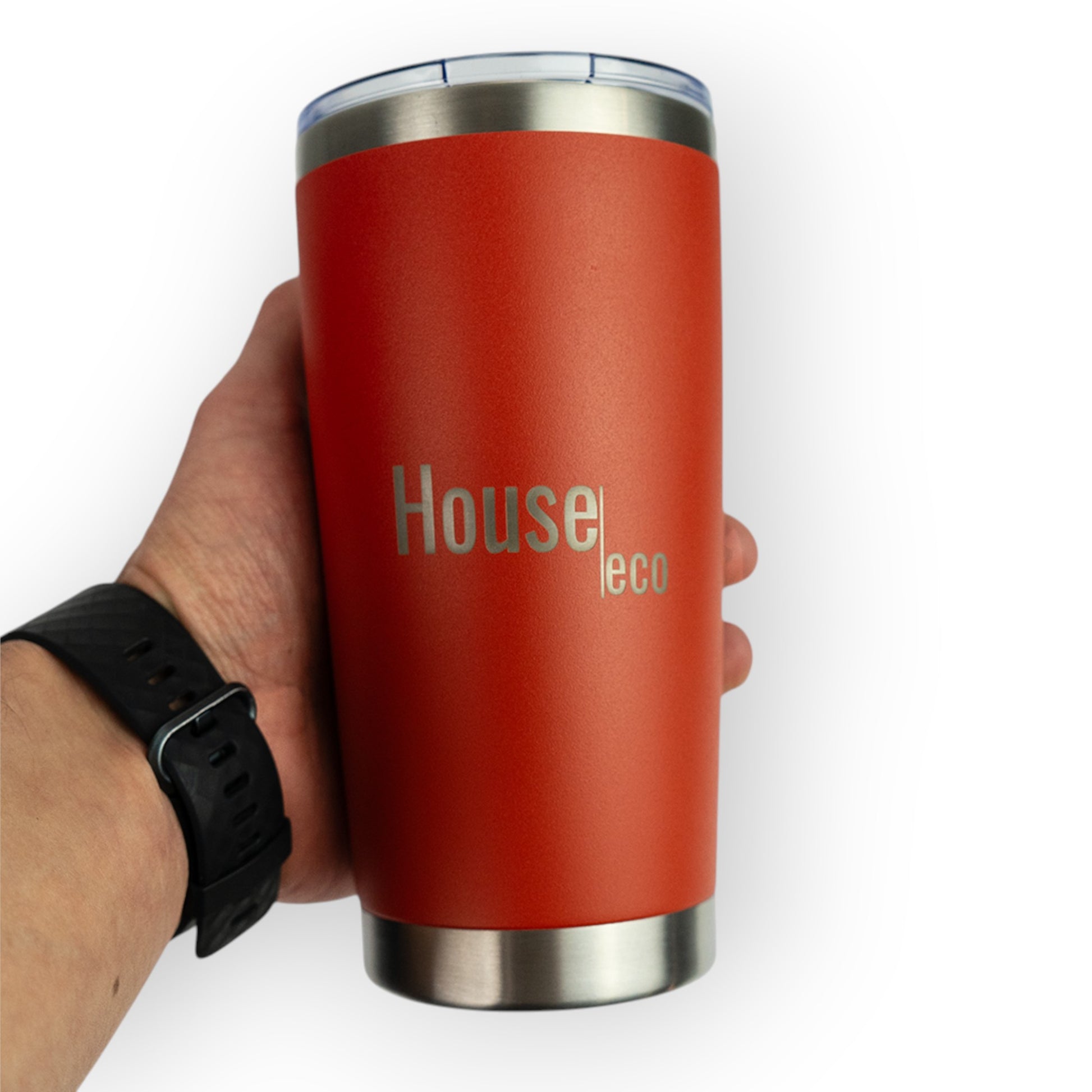 HouseEco personalised orange insulated 500ml travel coffee mug with custom engraving. Durable stainless steel.