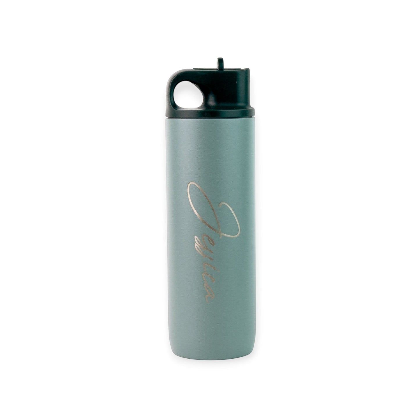 HouseEco personalised pale blue insulated metal sports water bottle with flip straw and carry handle, 500ml.