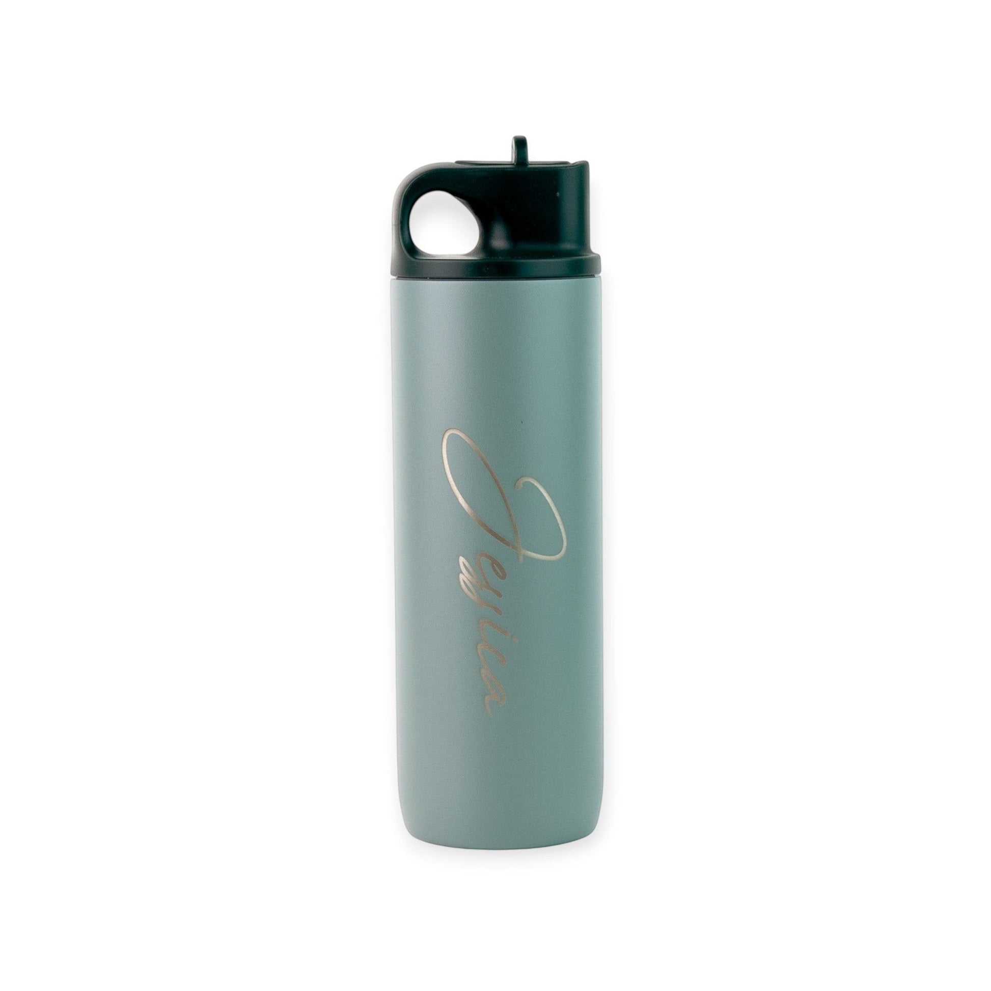 HouseEco personalised pale blue insulated metal sports water bottle with flip straw and carry handle, 500ml.