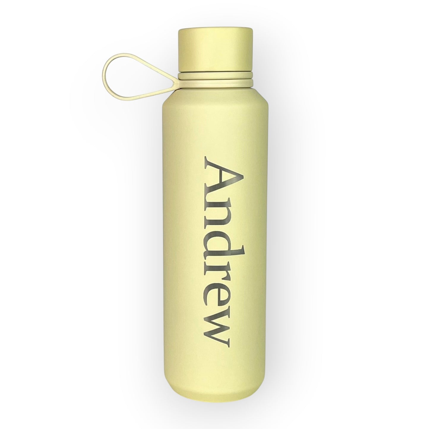 HouseEco pale yellow 600ml insulated water bottle with soft-touch finish and silicone carry handle, personalised with 'Andrew'.