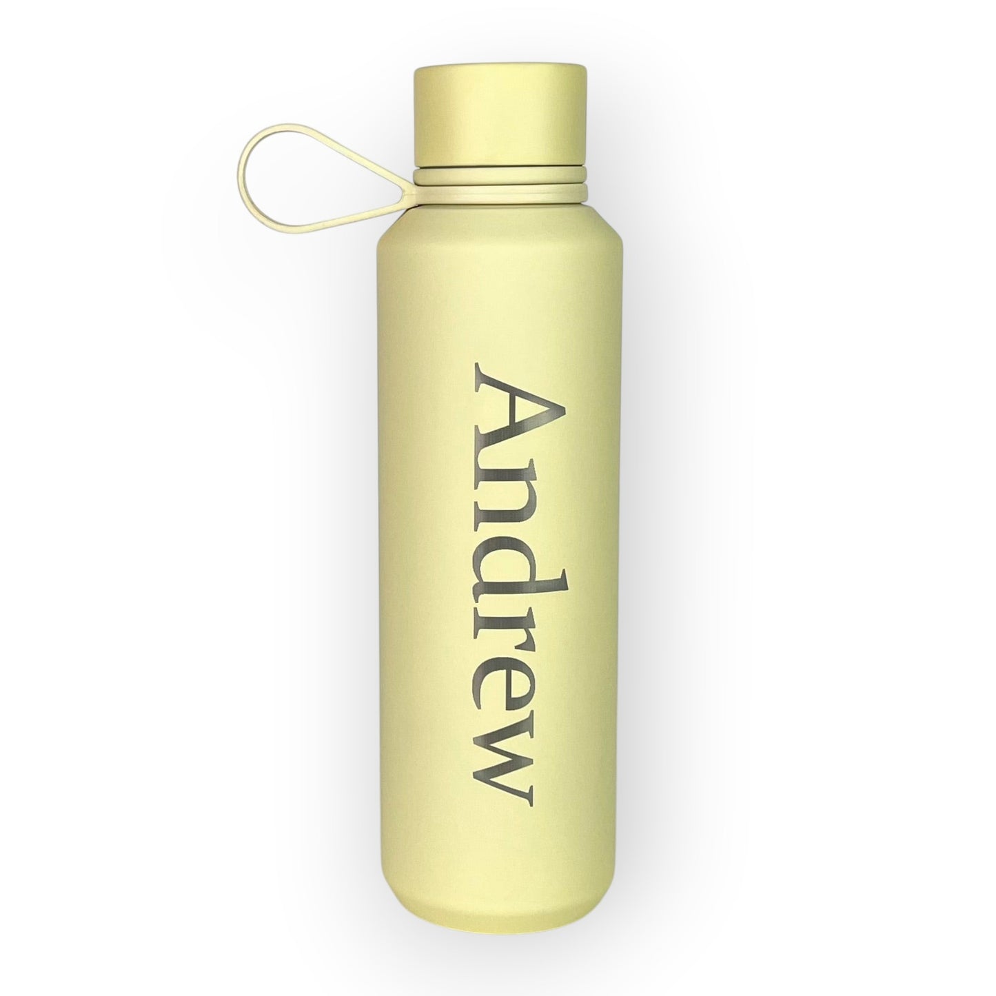HouseEco pale yellow 600ml insulated water bottle with soft-touch finish and silicone carry handle, personalised with 'Andrew'.