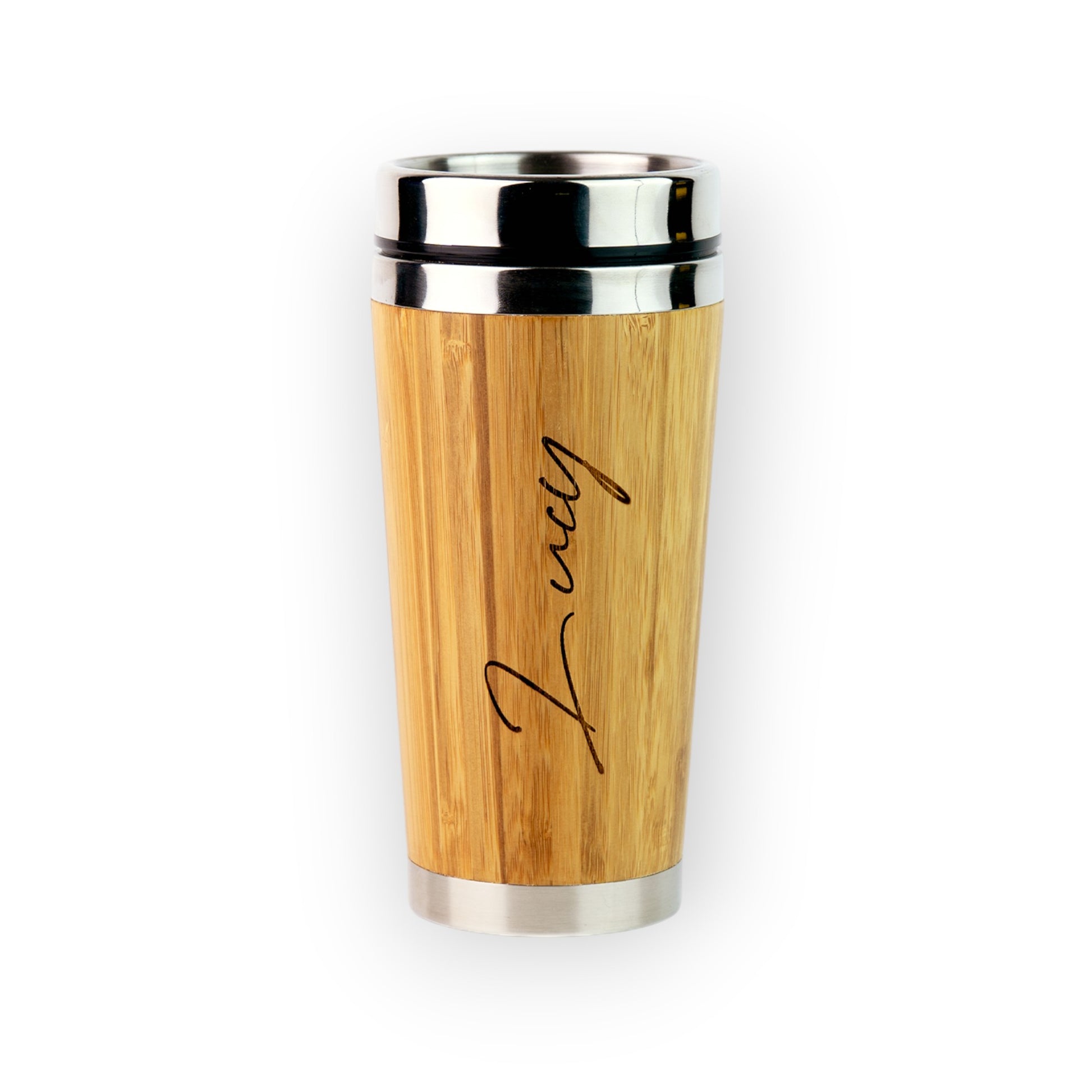 HouseEco personalised bamboo coffee mug with stainless steel lid and base, featuring engraved name 'Lucy'.