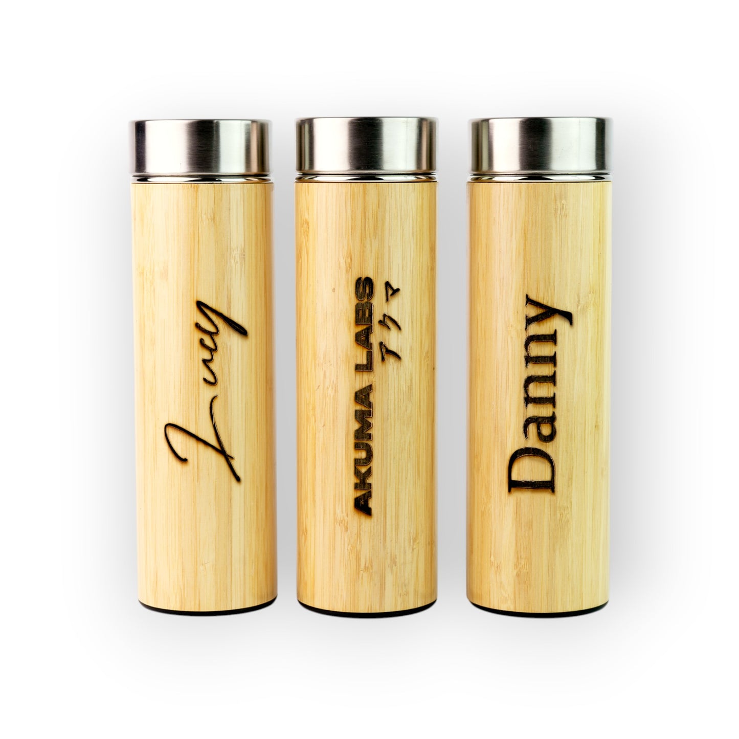 HouseEco personalised bamboo drink flask with stainless steel lid, 530ml, insulated, leakproof, built-in strainer.