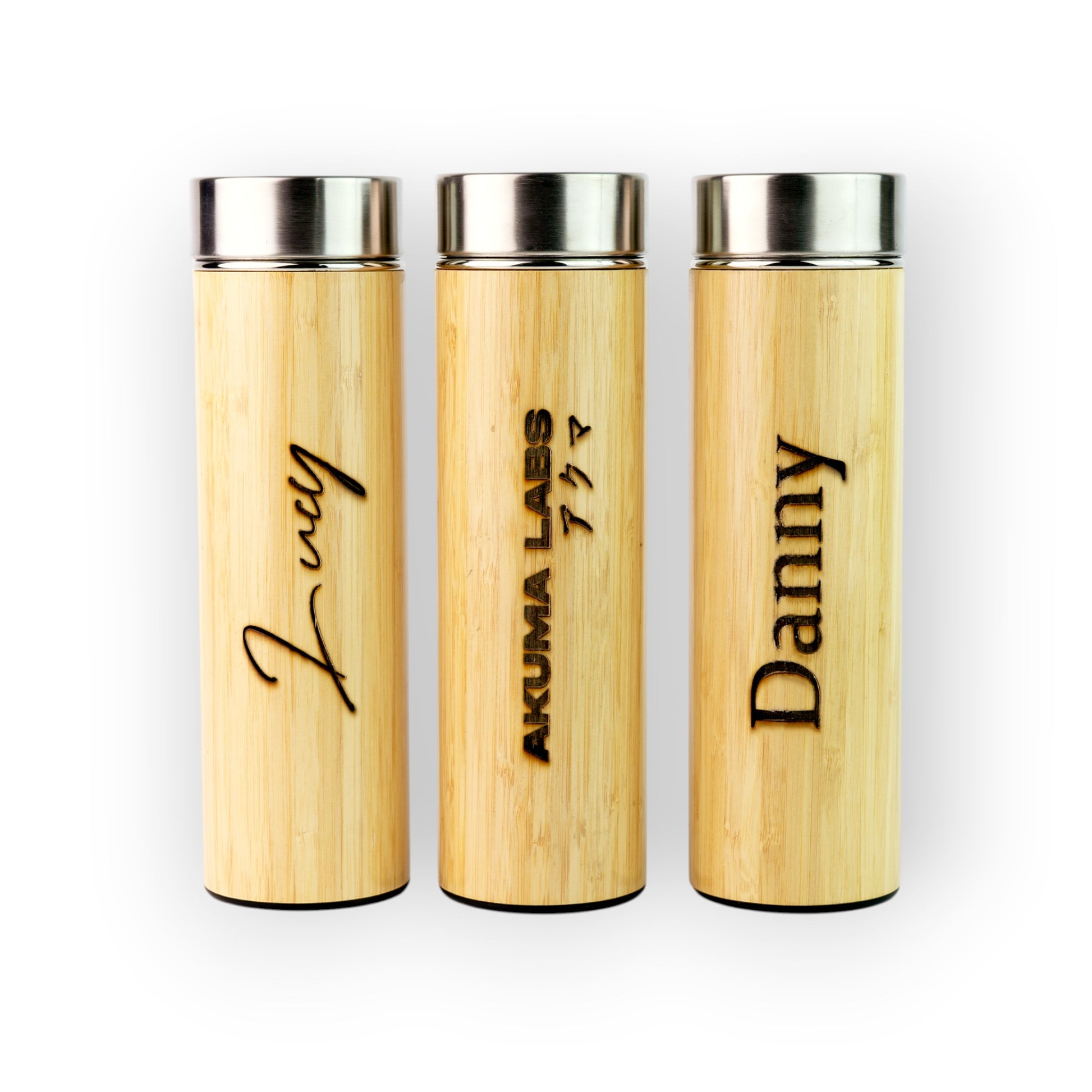 HouseEco personalised bamboo drink flask with stainless steel lid, 530ml, insulated, leakproof, built-in strainer.