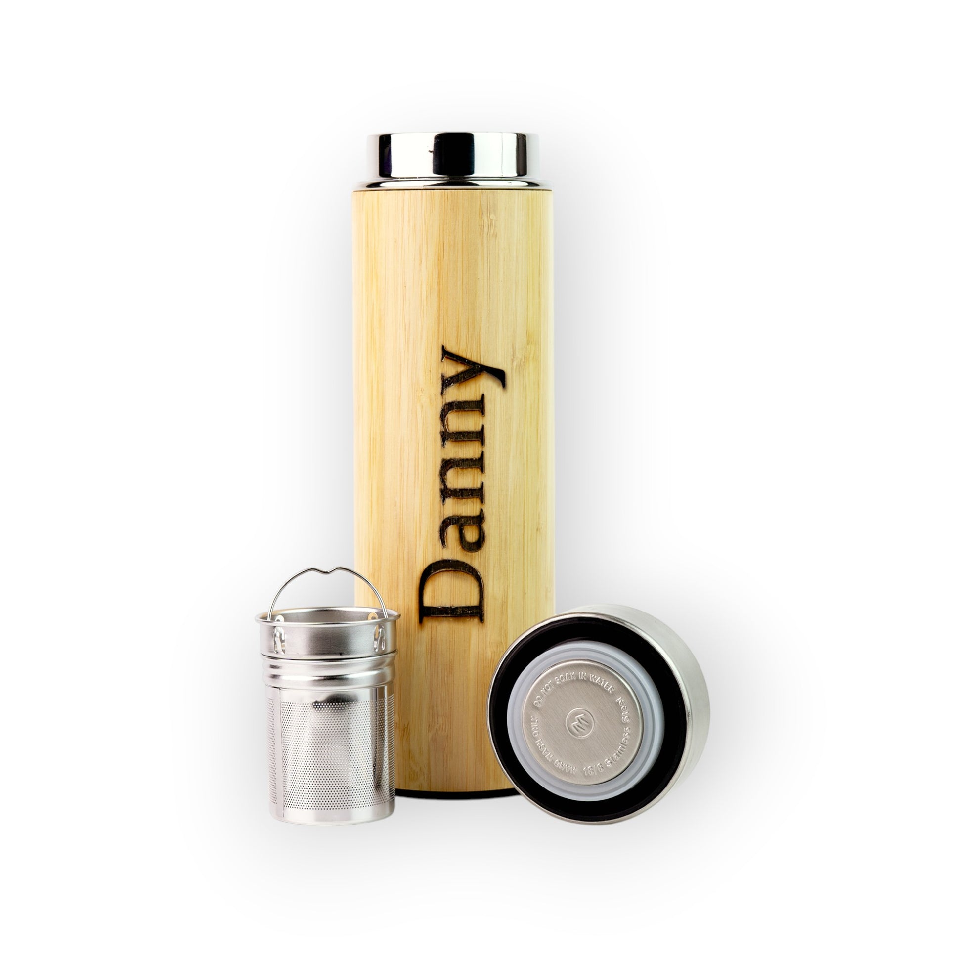 HouseEco personalised bamboo flask with metal lid and strainer. Holds 530ml, keeps drinks hot/cold for 8 hours.