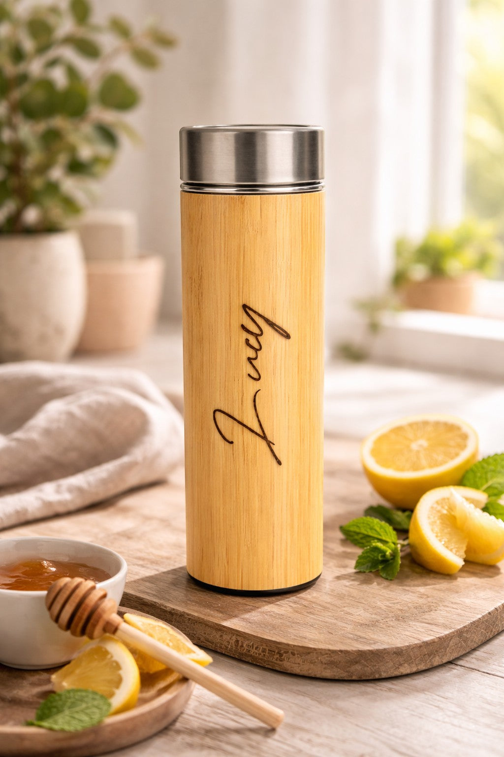 HouseEco personalised bamboo flask with stainless steel lid, 530ml capacity, ideal for hot or cold drinks.