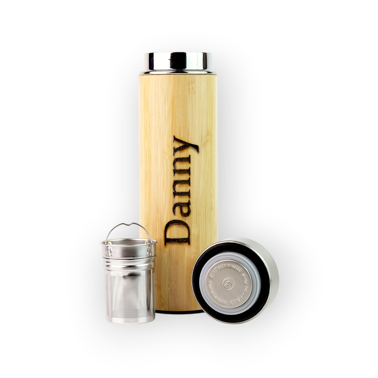 HouseEco personalised bamboo flask with stainless steel infuser and lid. Natural wood finish.