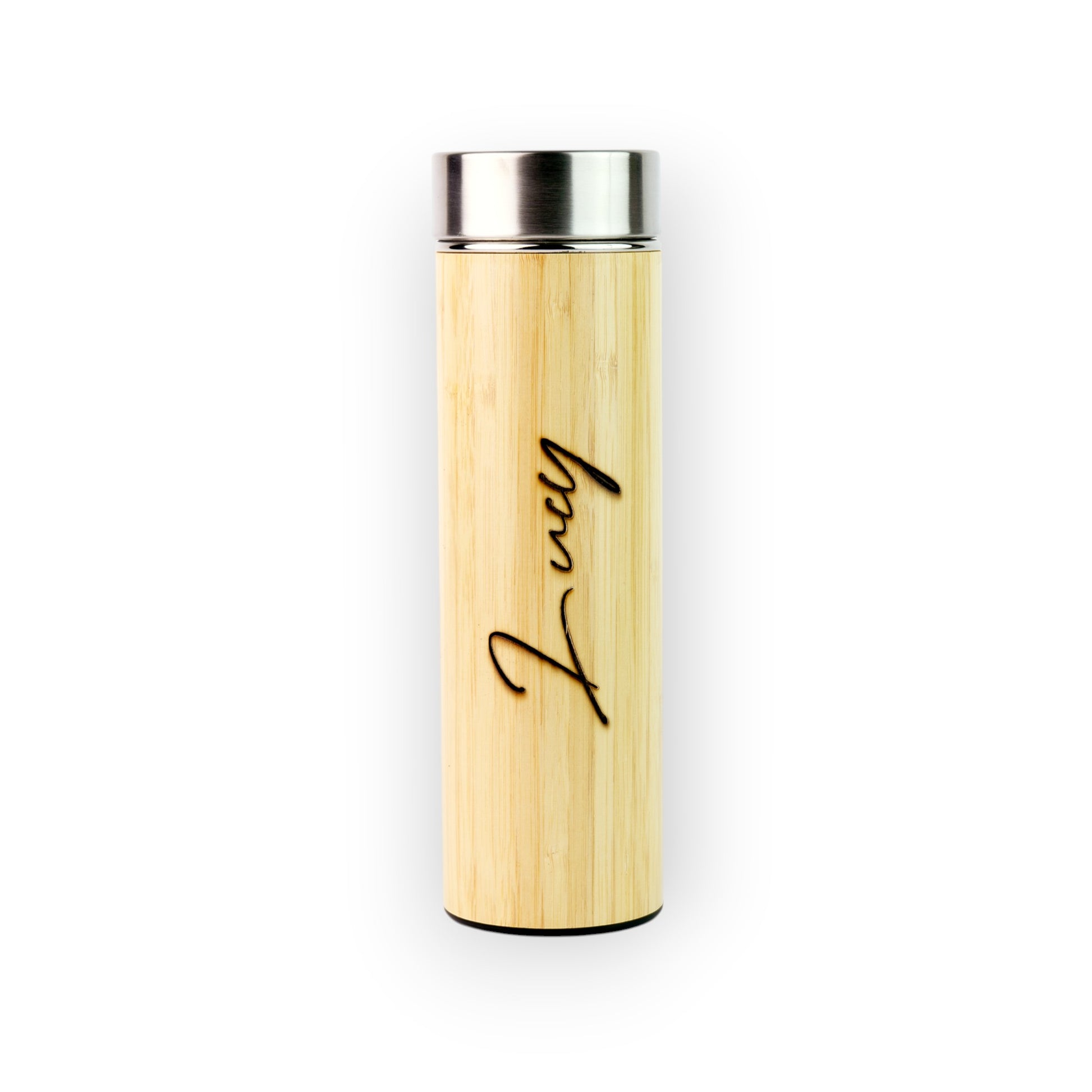 HouseEco personalised bamboo flask with silver lid, laser-engraved with the name Lucy. Insulated for hot or cold drinks.