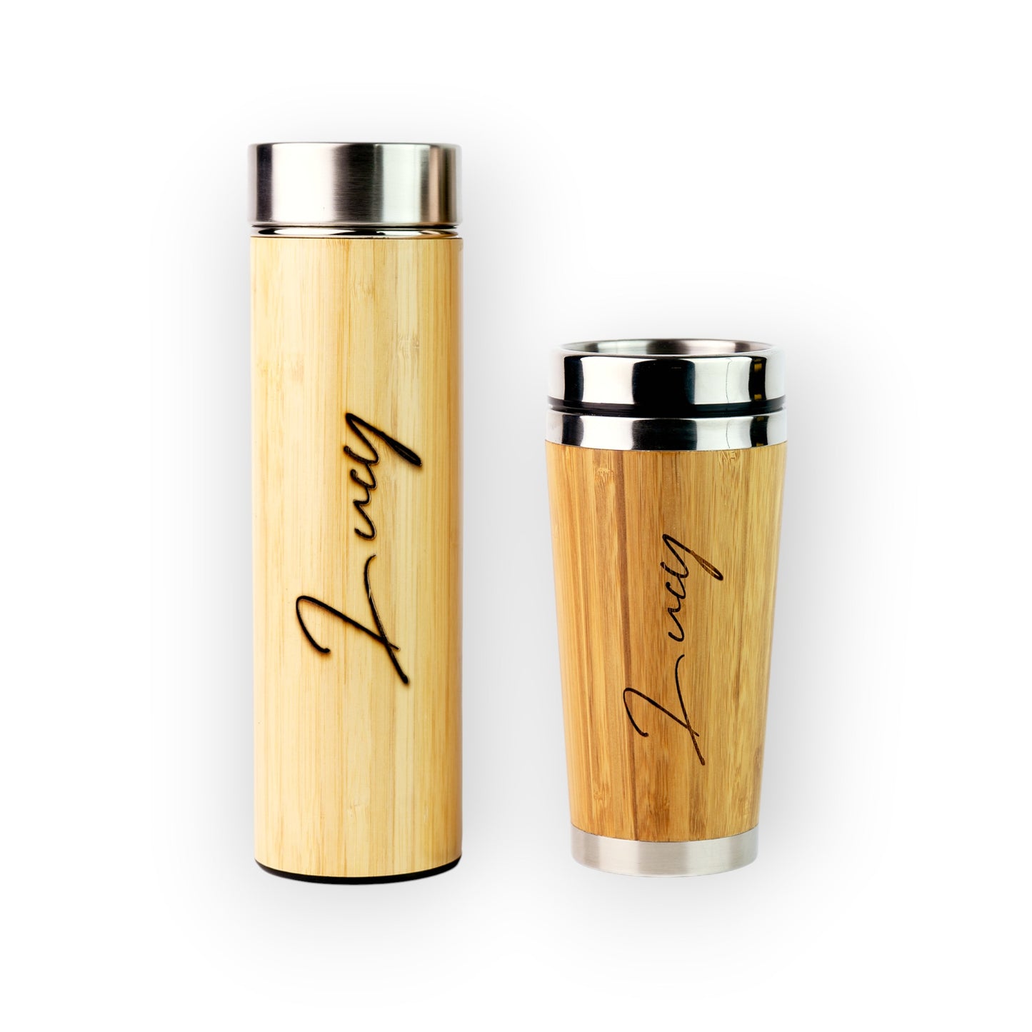 HouseEco personalised bamboo coffee mug and flask set with stainless steel lids, laser-engraved with 'Lucy'.