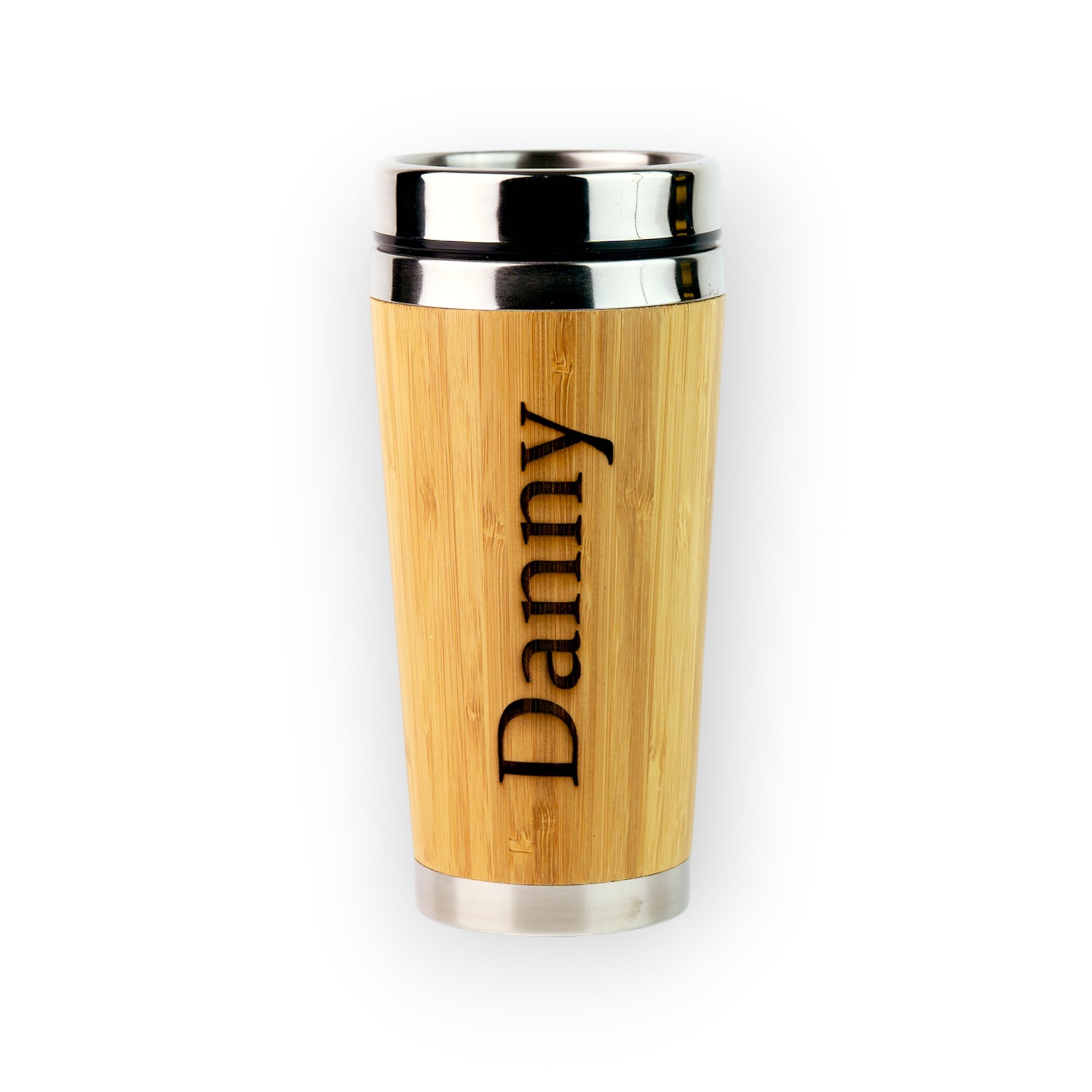 HouseEco personalised 500ml insulated bamboo travel mug with stainless steel lid and base, engraved with 'Danny'.