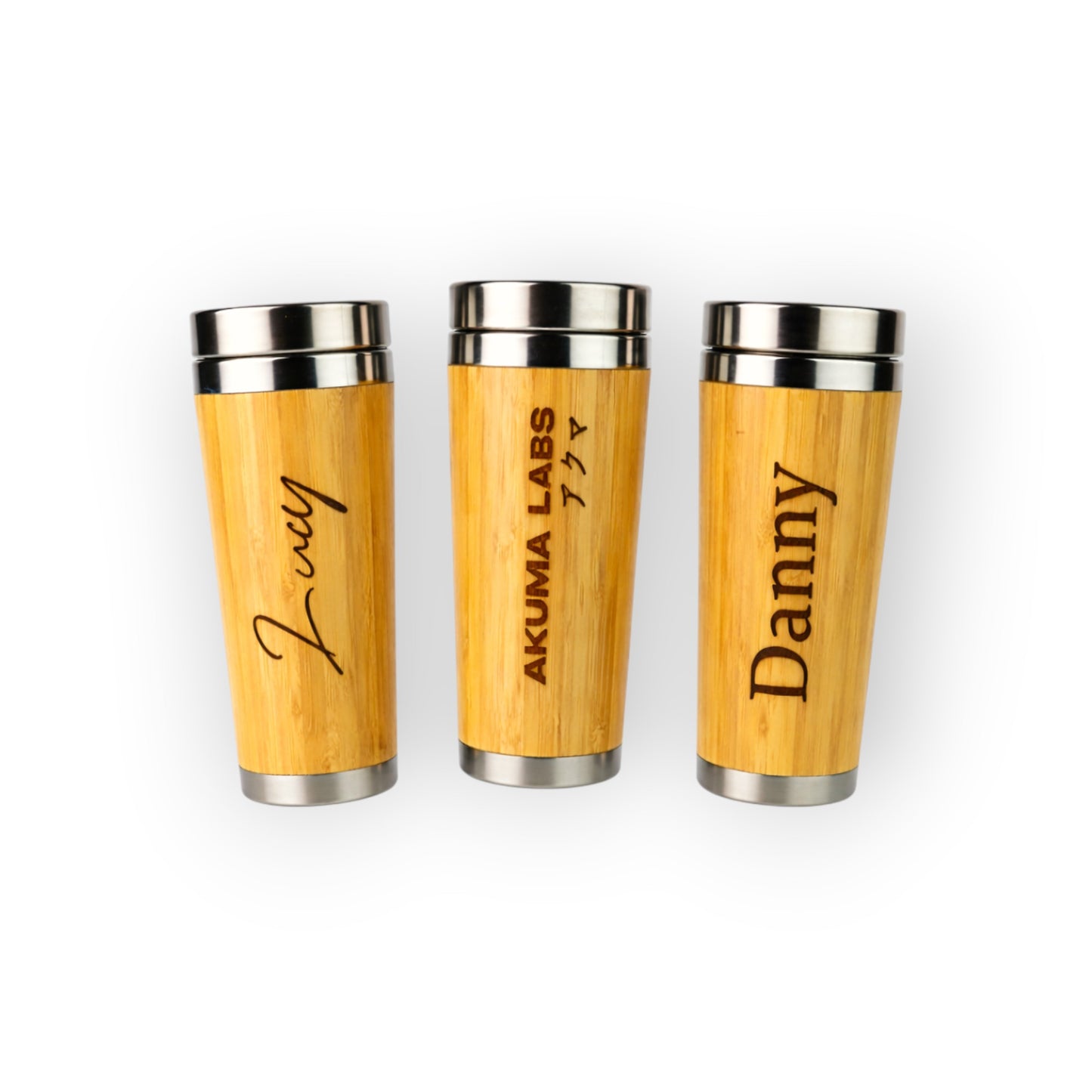 HouseEco personalised 500ml insulated bamboo travel mug with stainless steel lid. Features custom text engraving.