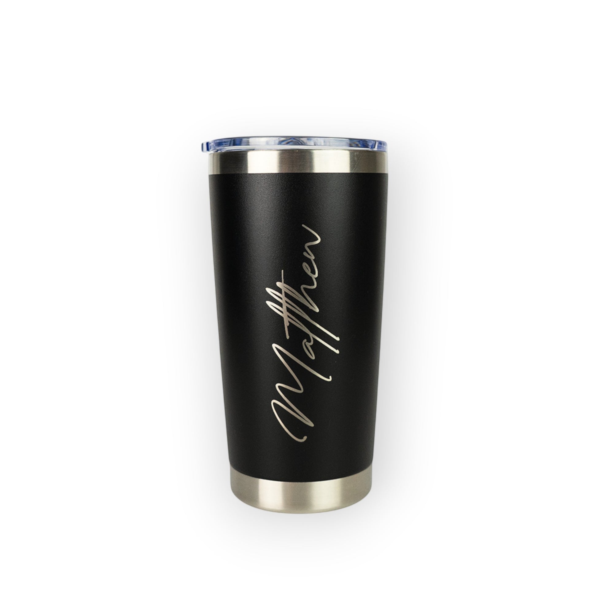HouseEco personalised black insulated 500ml travel coffee mug with silver script engraving of 'Matthew'.