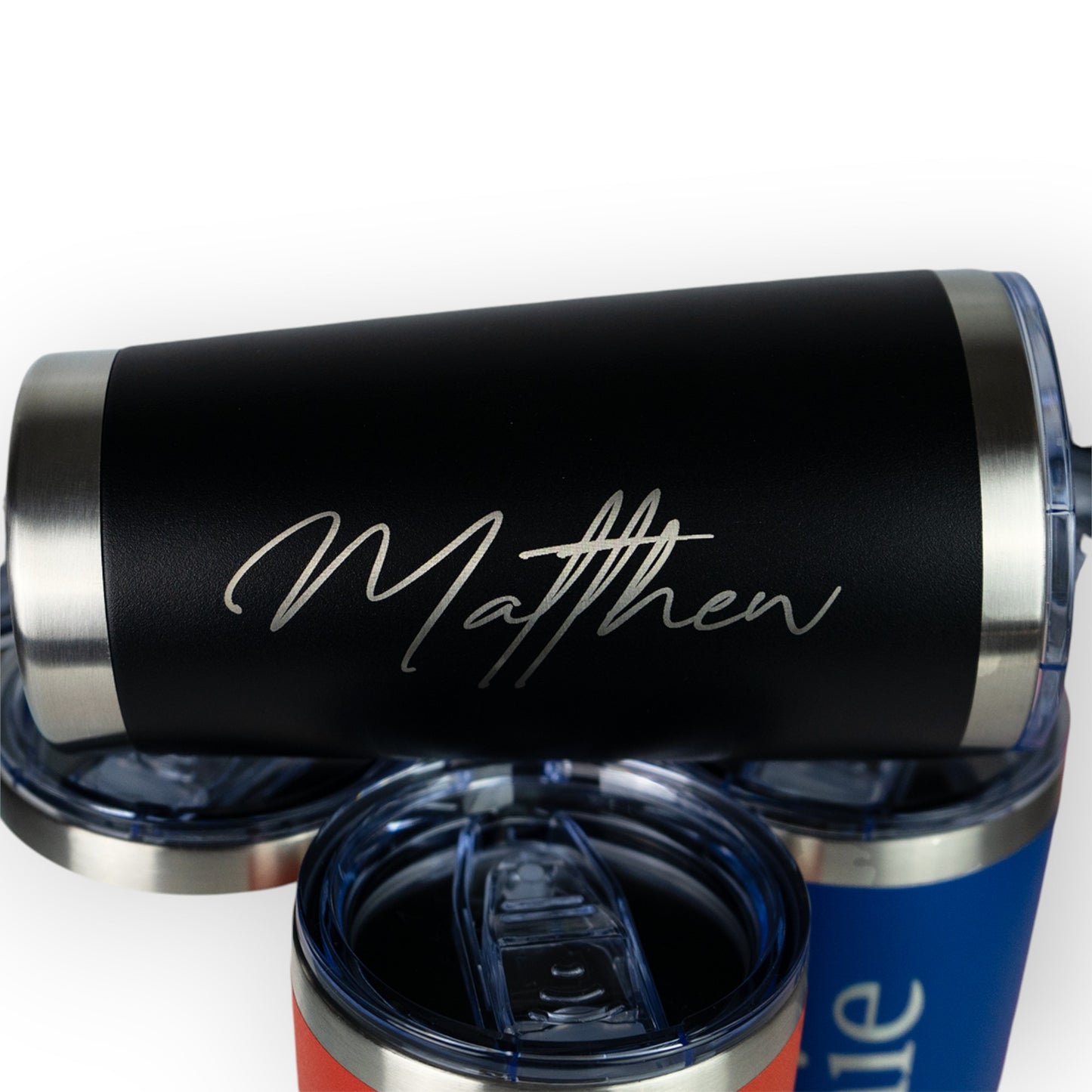 HouseEco personalised black insulated 500ml travel coffee mug with engraved name 'Matthew'.