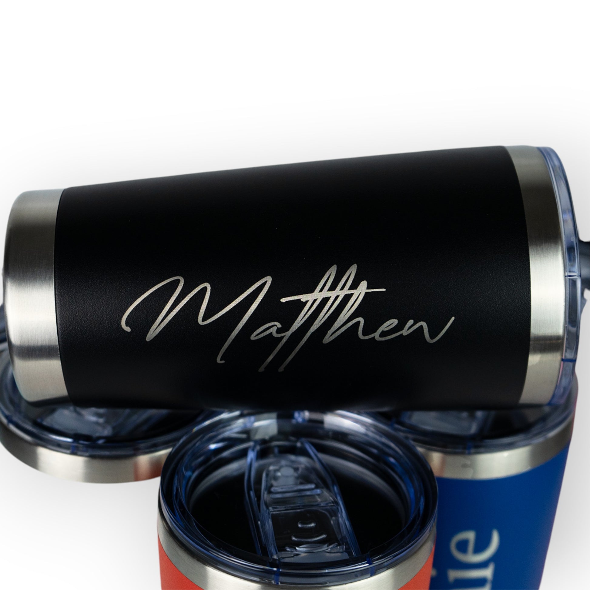 HouseEco personalised black insulated 500ml travel coffee mug with engraved name 'Matthew'.