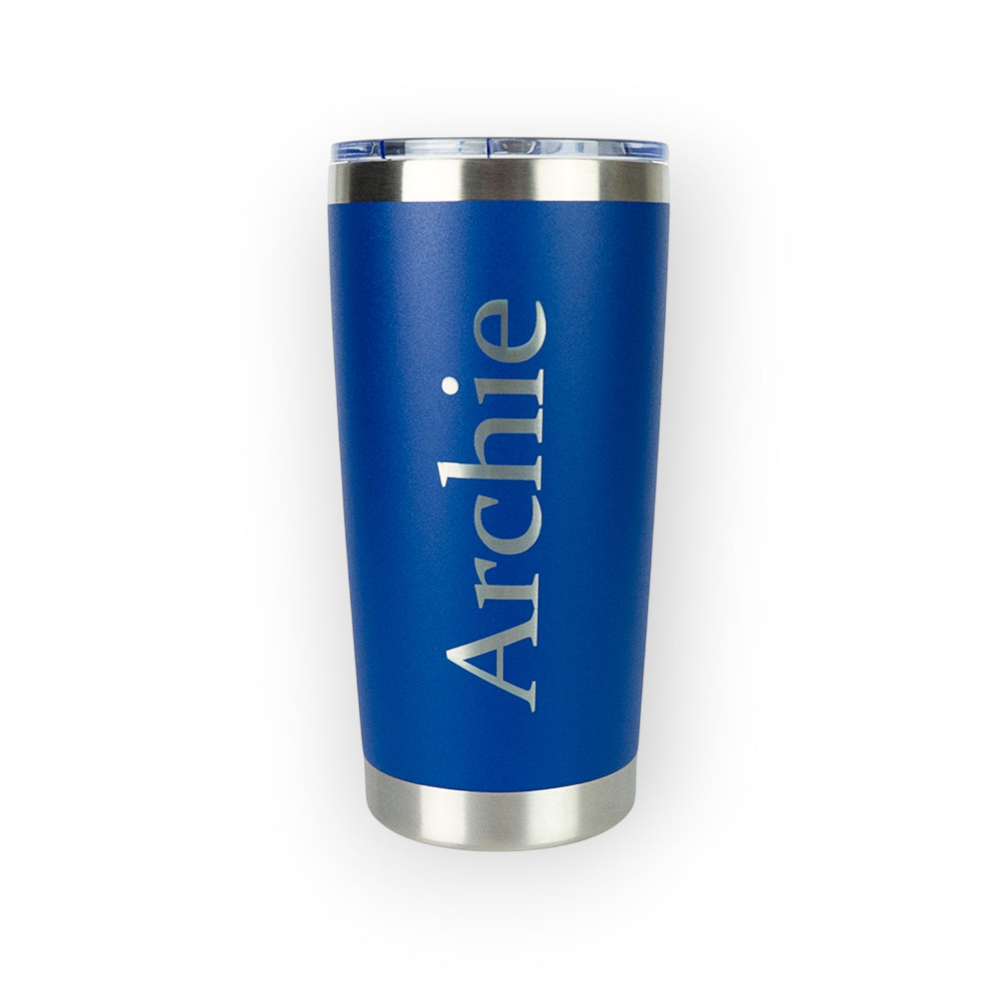 HouseEco personalised blue insulated 500ml travel coffee mug with silver engraving of the name Archie.