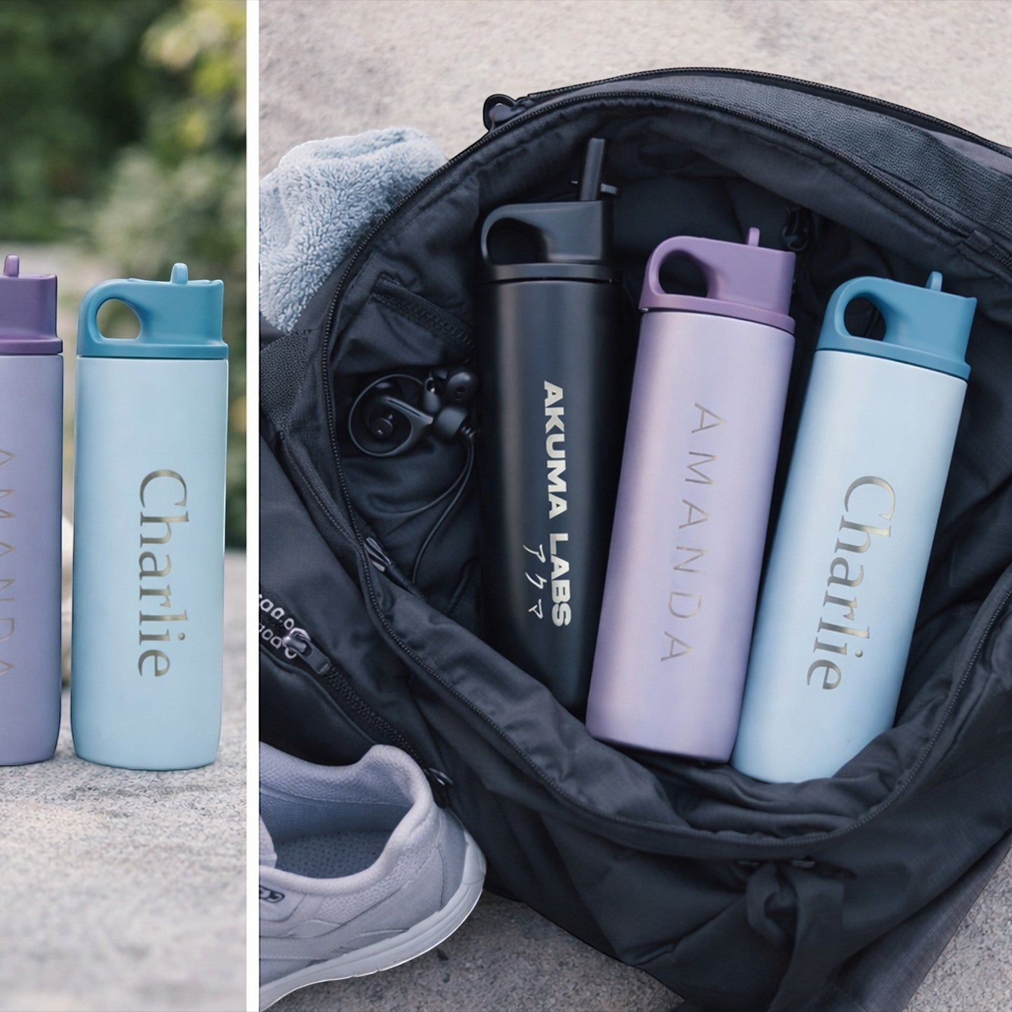 HouseEco personalised light blue insulated metal water bottle with flip straw and 'Charlie' engraving.