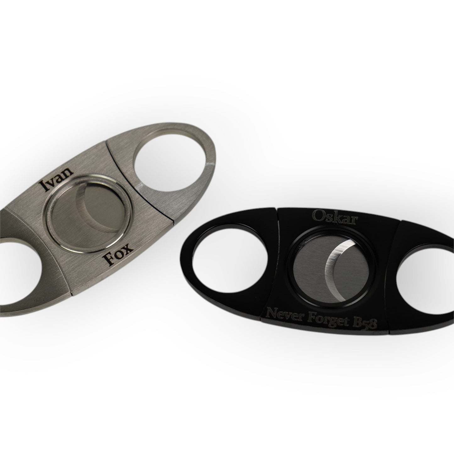 HouseEco personalised stainless steel cigar cutter in silver and black, with custom engraving options. Includes gift box.