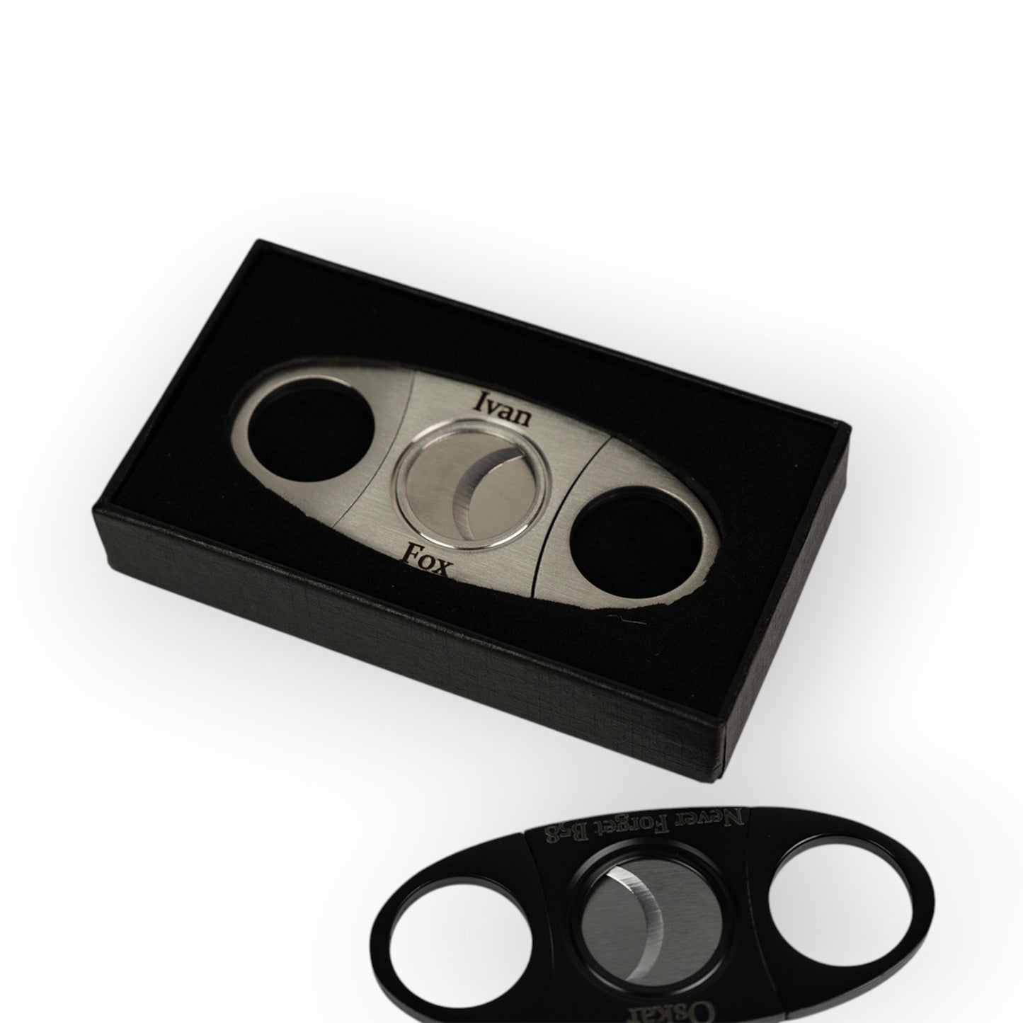 HouseEco personalised stainless steel cigar cutter with gift box, featuring precision blades and custom engraving.