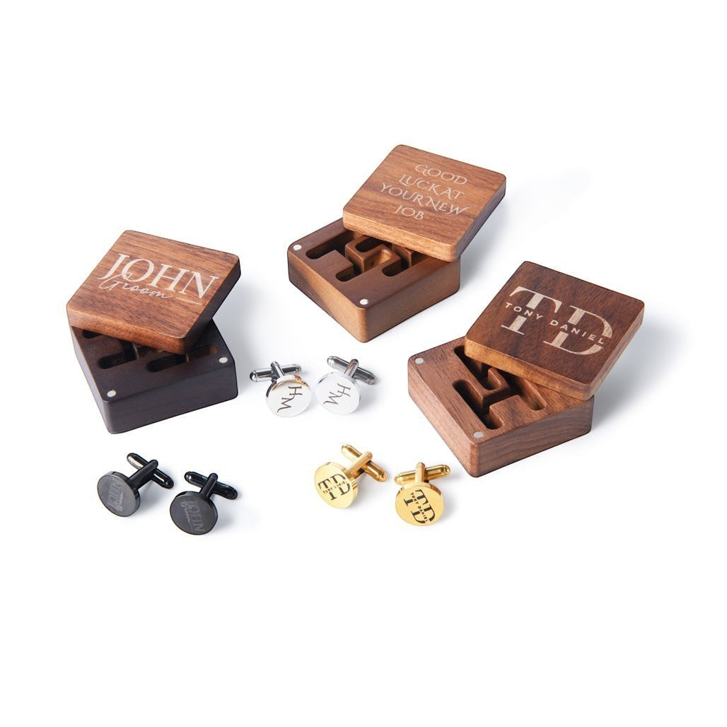 HouseEco personalised cufflinks in silver, gold, and black, with engraved wooden gift boxes for special occasions.