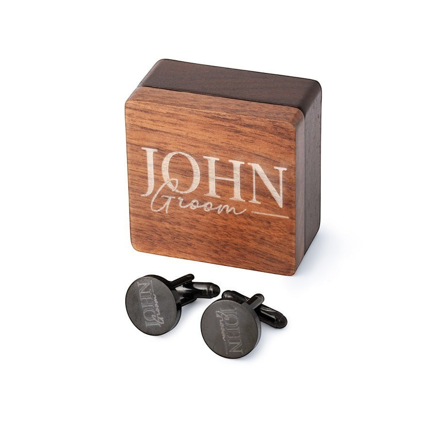 HouseEco personalised black metal cufflinks engraved with 'JOHN Groom' and a matching wooden gift box.