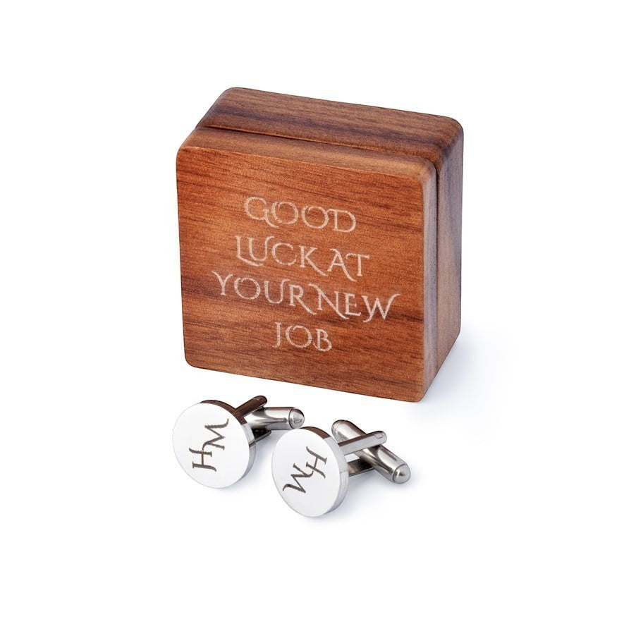 HouseEco personalised silver-tone metal cufflinks engraved with HM, presented in a wooden box engraved with 'Good Luck at Your New Job'.