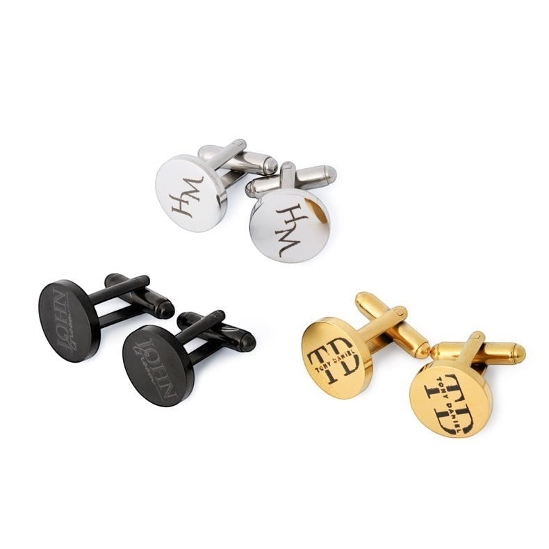 HouseEco personalised round cufflinks in silver, black, and gold finishes, each engraved with initials or names. Perfect for gifts.