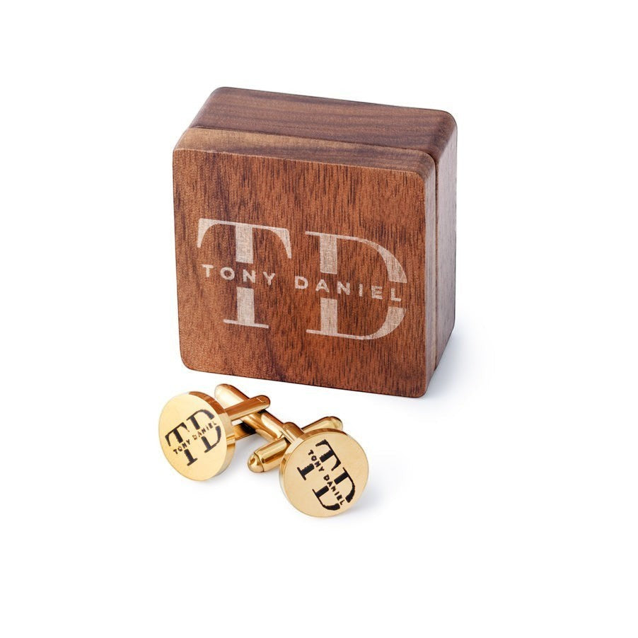 HouseEco personalised gold-tone metal cufflinks with engraved wooden gift box, featuring 'TD' monogram.