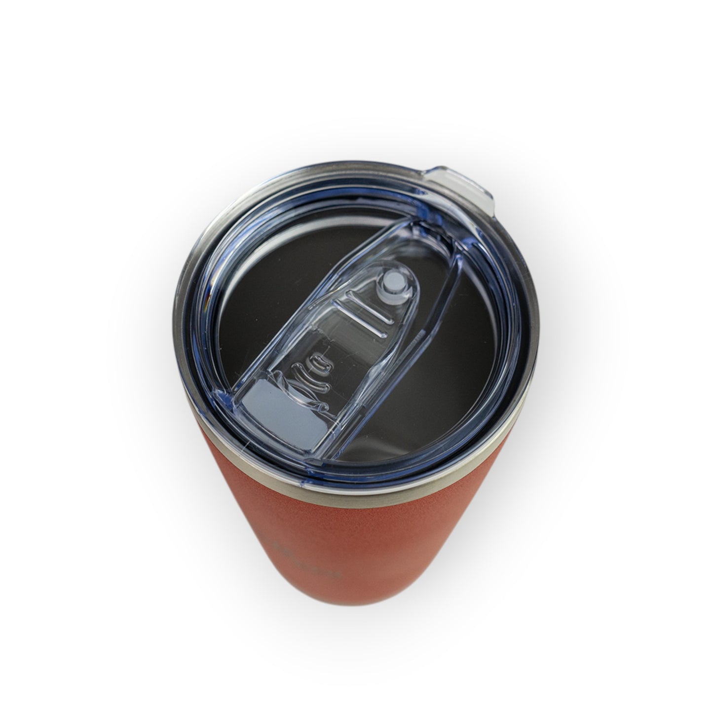 HouseEco personalised 500ml insulated travel coffee mug in terracotta with a clear flip-top lid.