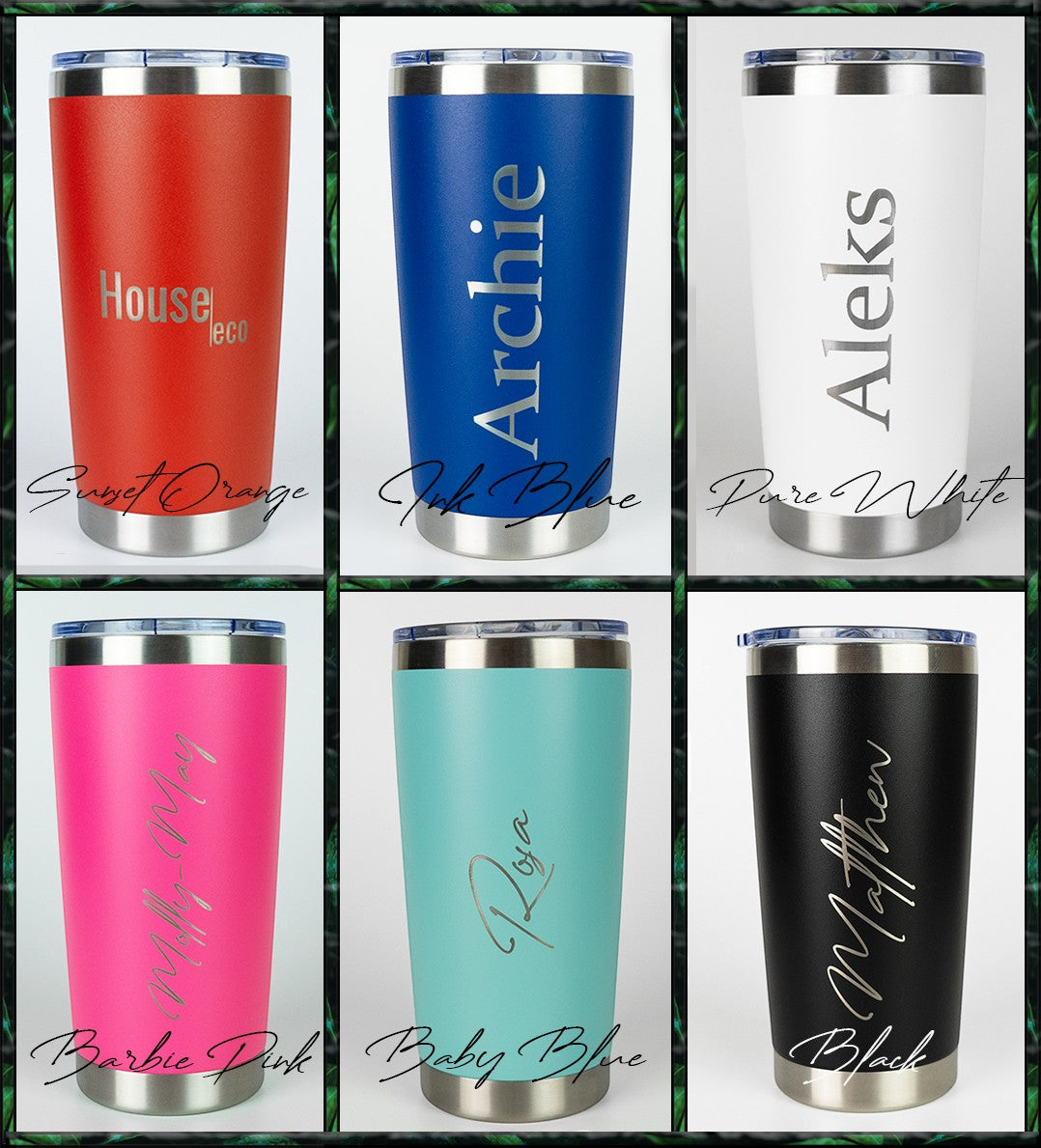 HouseEco personalised 500ml insulated travel coffee mug in sunset orange, ink blue, pure white, barbie pink, baby blue, and black.