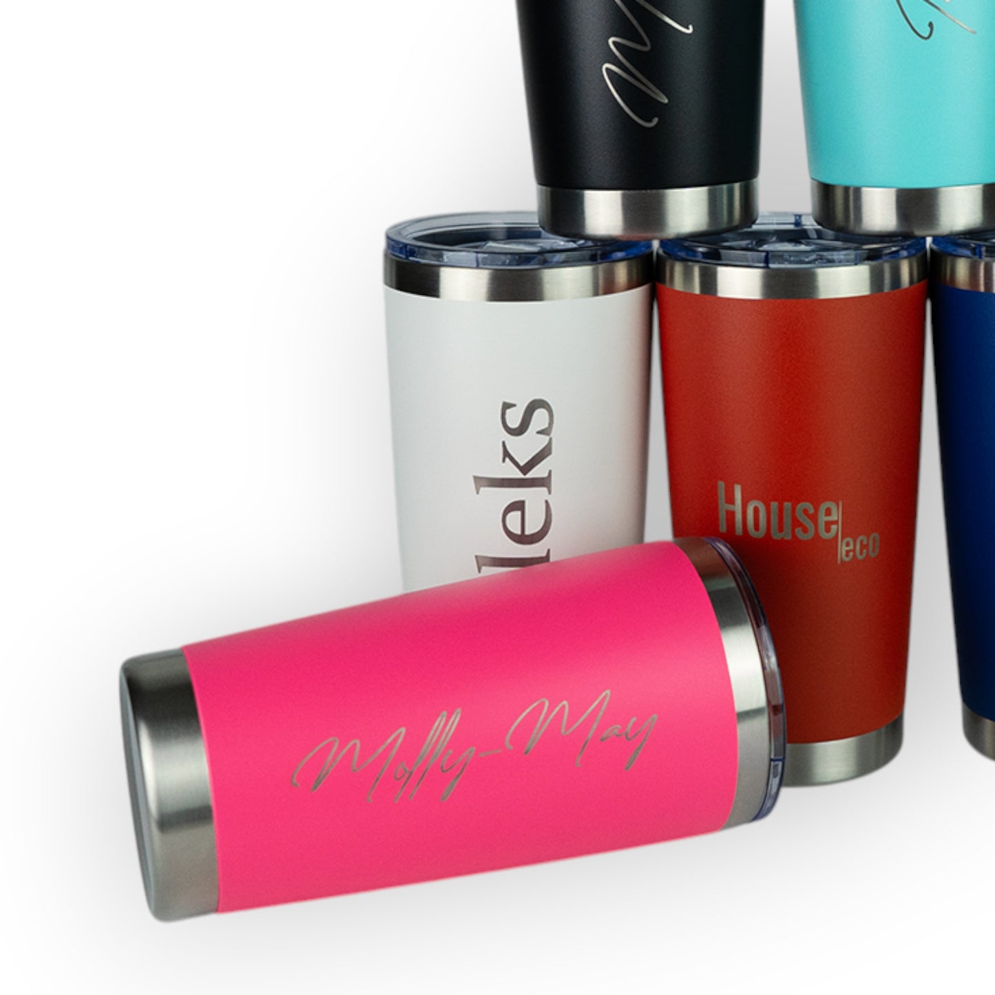 HouseEco personalised 500ml insulated travel coffee mug in bright pink with silver engraving. Stacked with other colours.