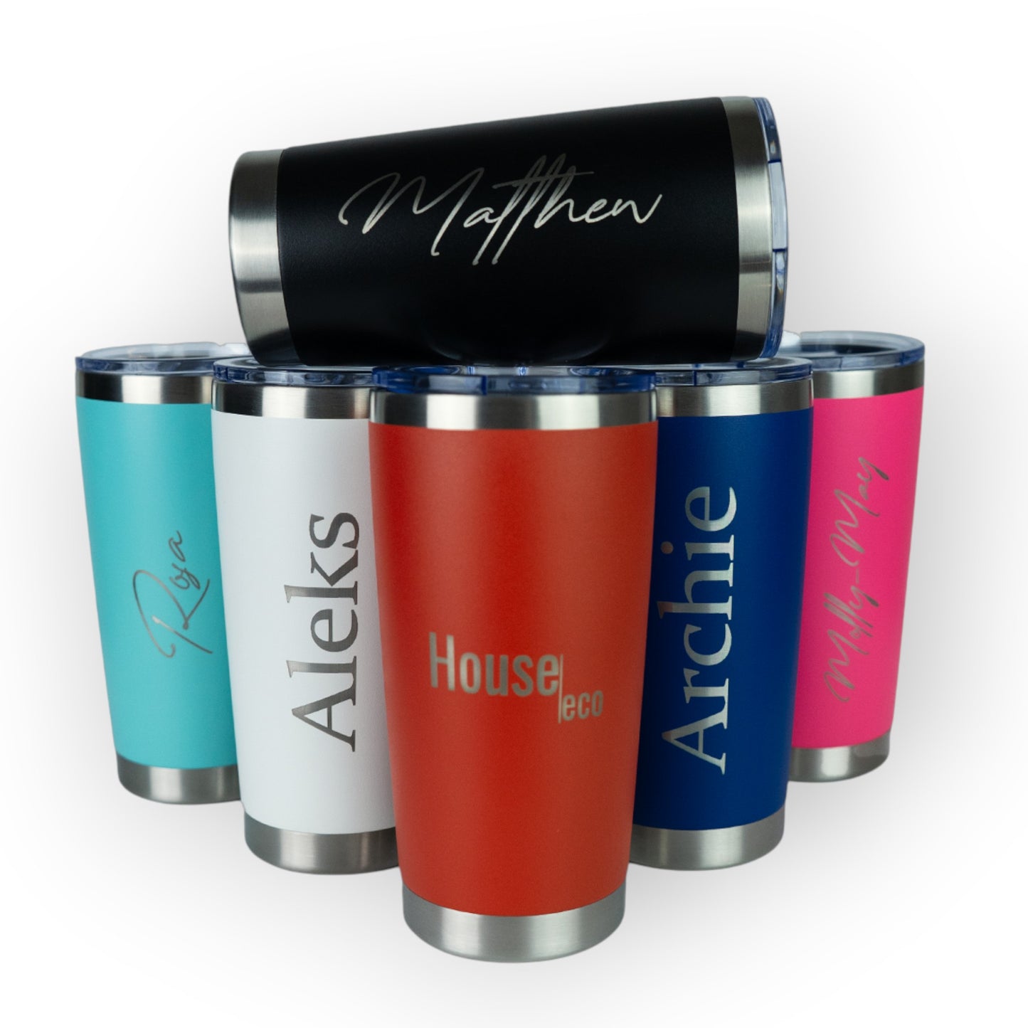 HouseEco personalised 500ml insulated travel coffee mug in black, red, blue, white, teal, and pink, with custom engraving.