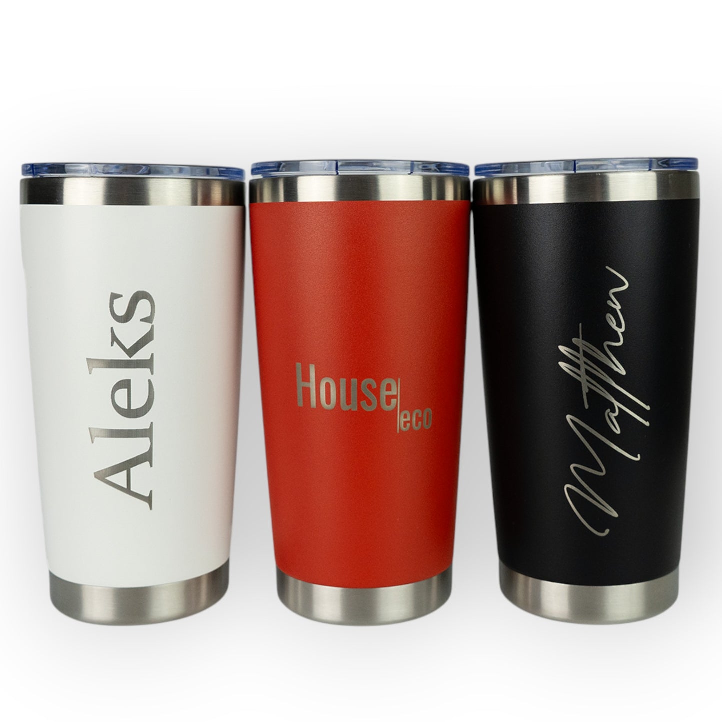 HouseEco personalised 500ml insulated travel mug in white, red, and black, with custom engraving options.