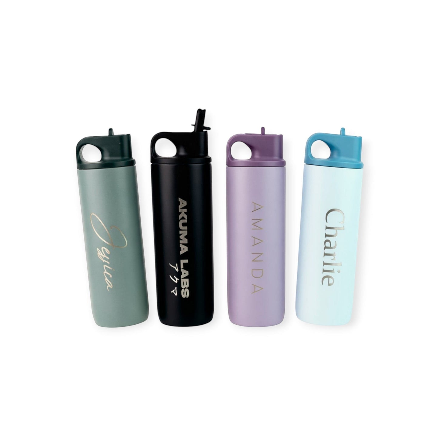 HouseEco personalised insulated metal water bottle with flip straw, 500ml, available in sage green, black, lilac, and light blue.
