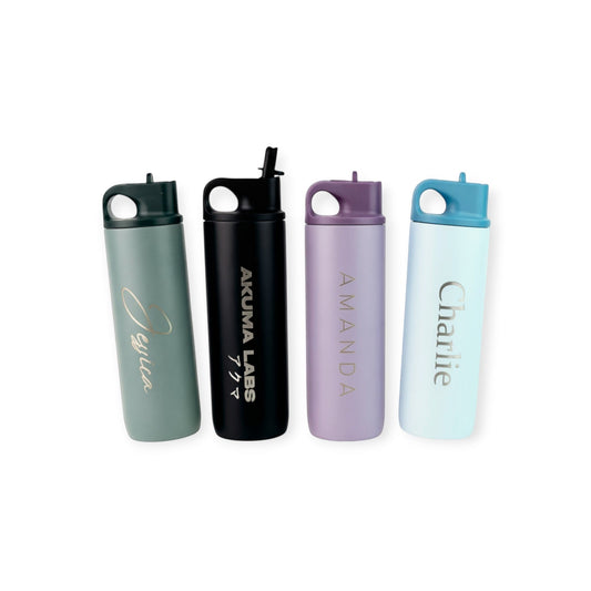 HouseEco personalised insulated metal water bottle with flip straw, 500ml, available in sage green, black, lilac, and light blue.