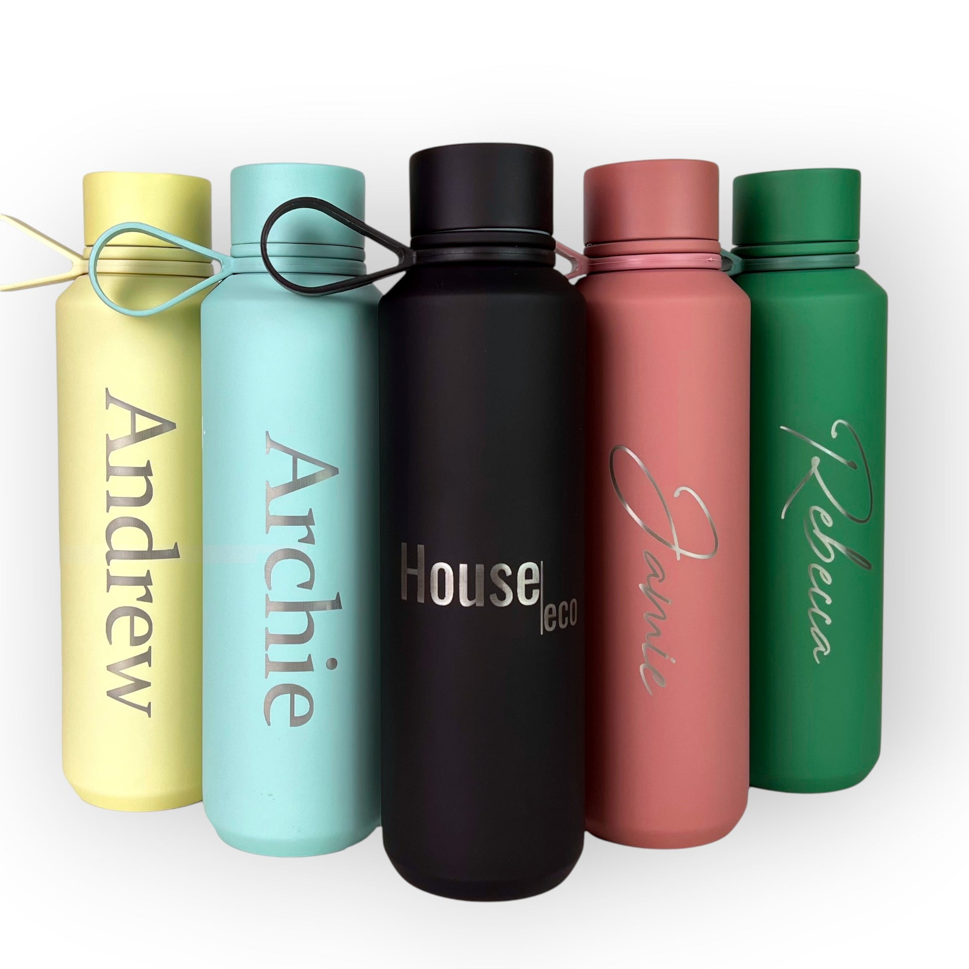 HouseEco personalised 600ml insulated water bottle in yellow, mint, black, coral, and green with carry handles.