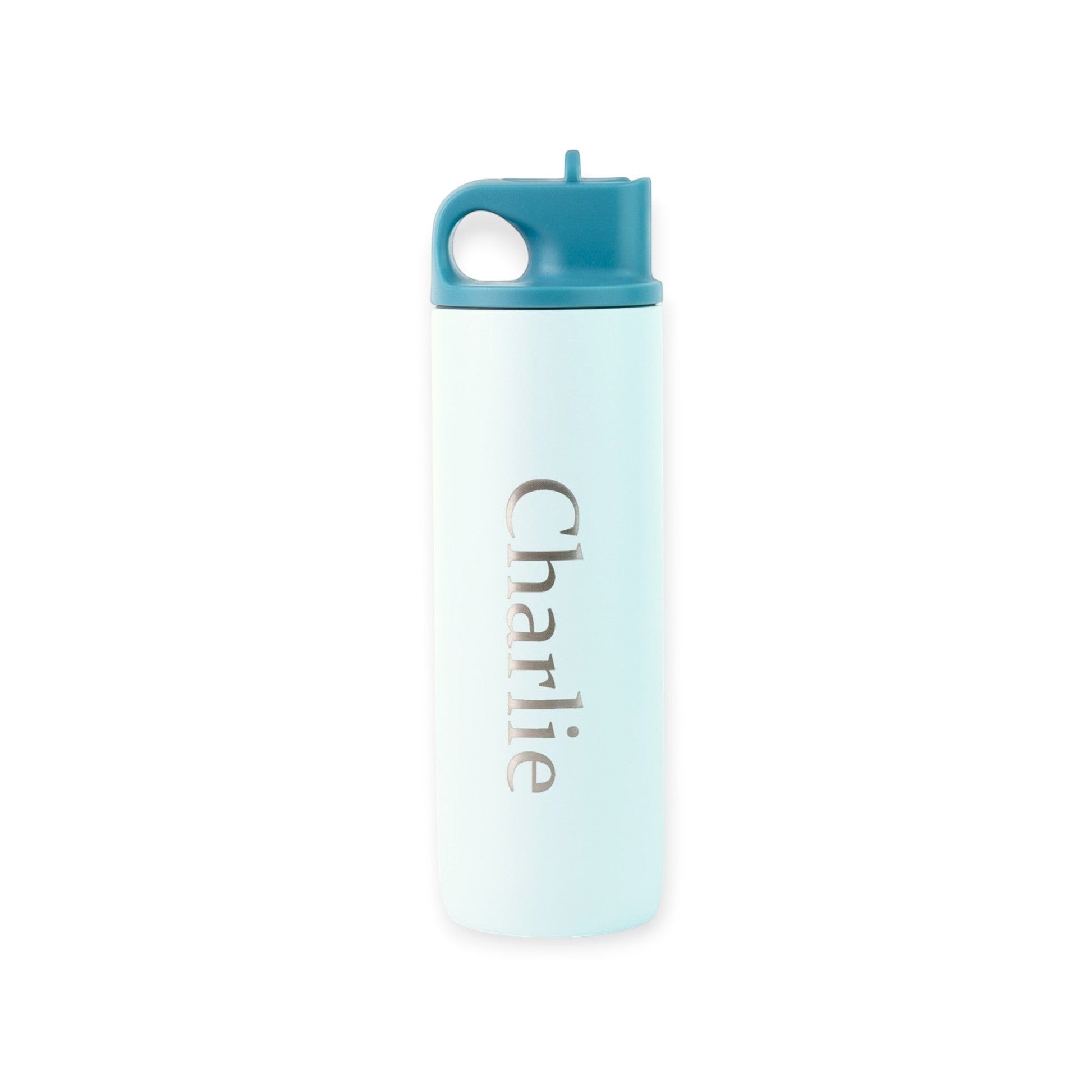HouseEco personalised light blue metal water bottle with teal flip straw lid and 'Charlie' engraving. Insulated 500ml.
