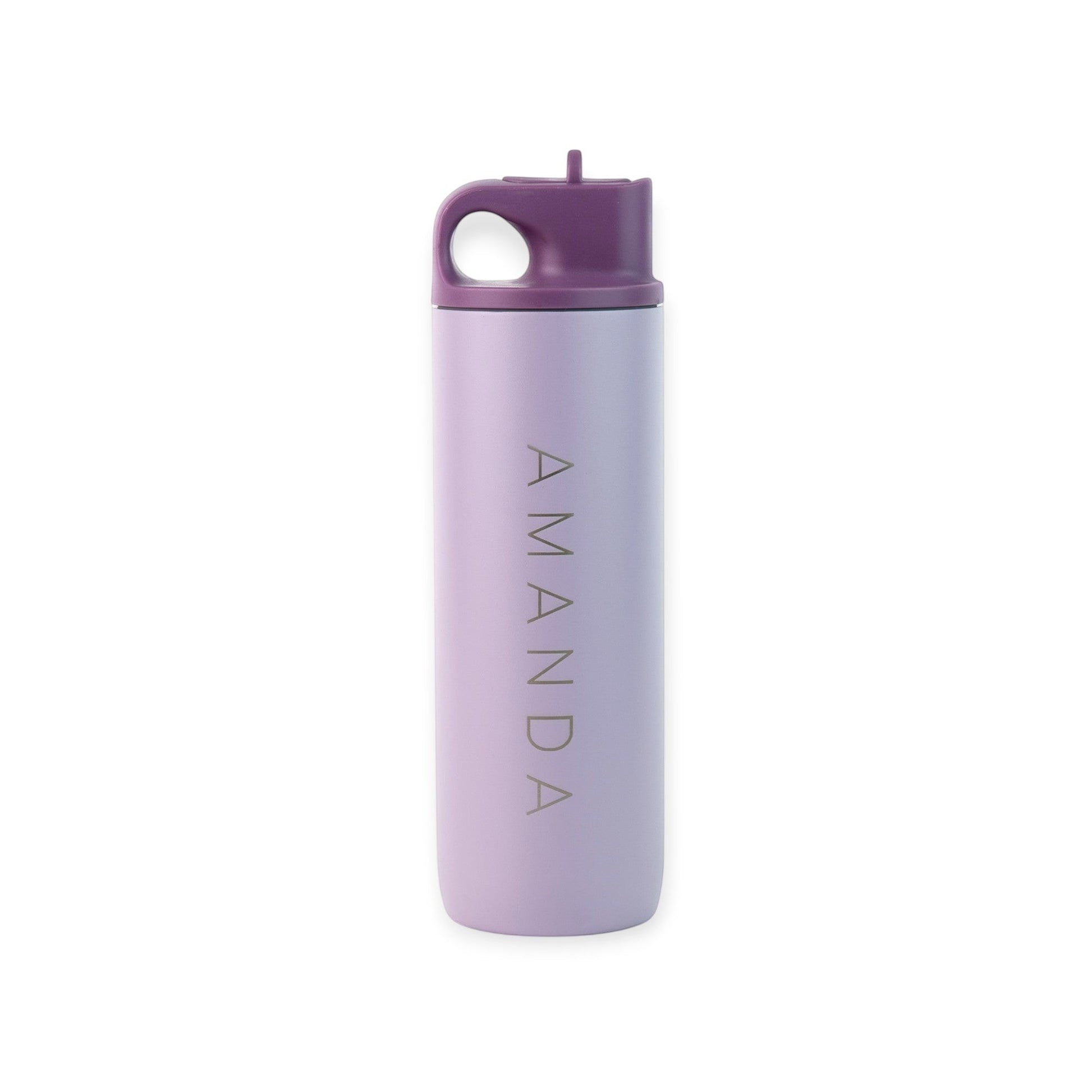 HouseEco personalised 500ml insulated metal water bottle in lilac with purple flip straw lid and carry handle.