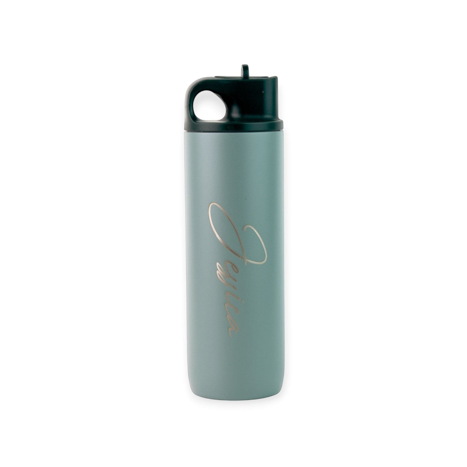 HouseEco personalised pale blue insulated metal water bottle with flip straw and carry handle, 500ml.