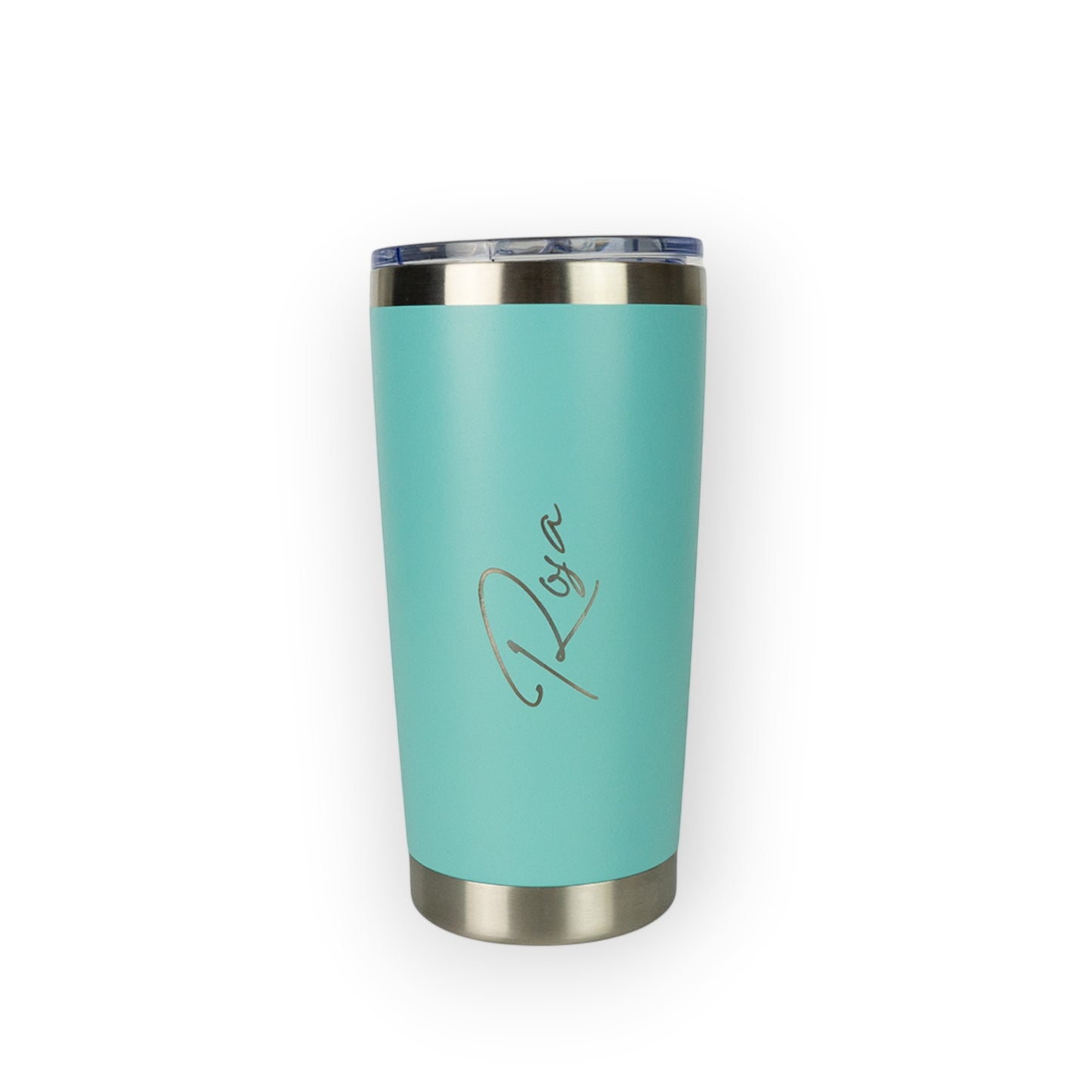 HouseEco personalised turquoise insulated 500ml travel mug with engraved name. Stainless steel base and lid.