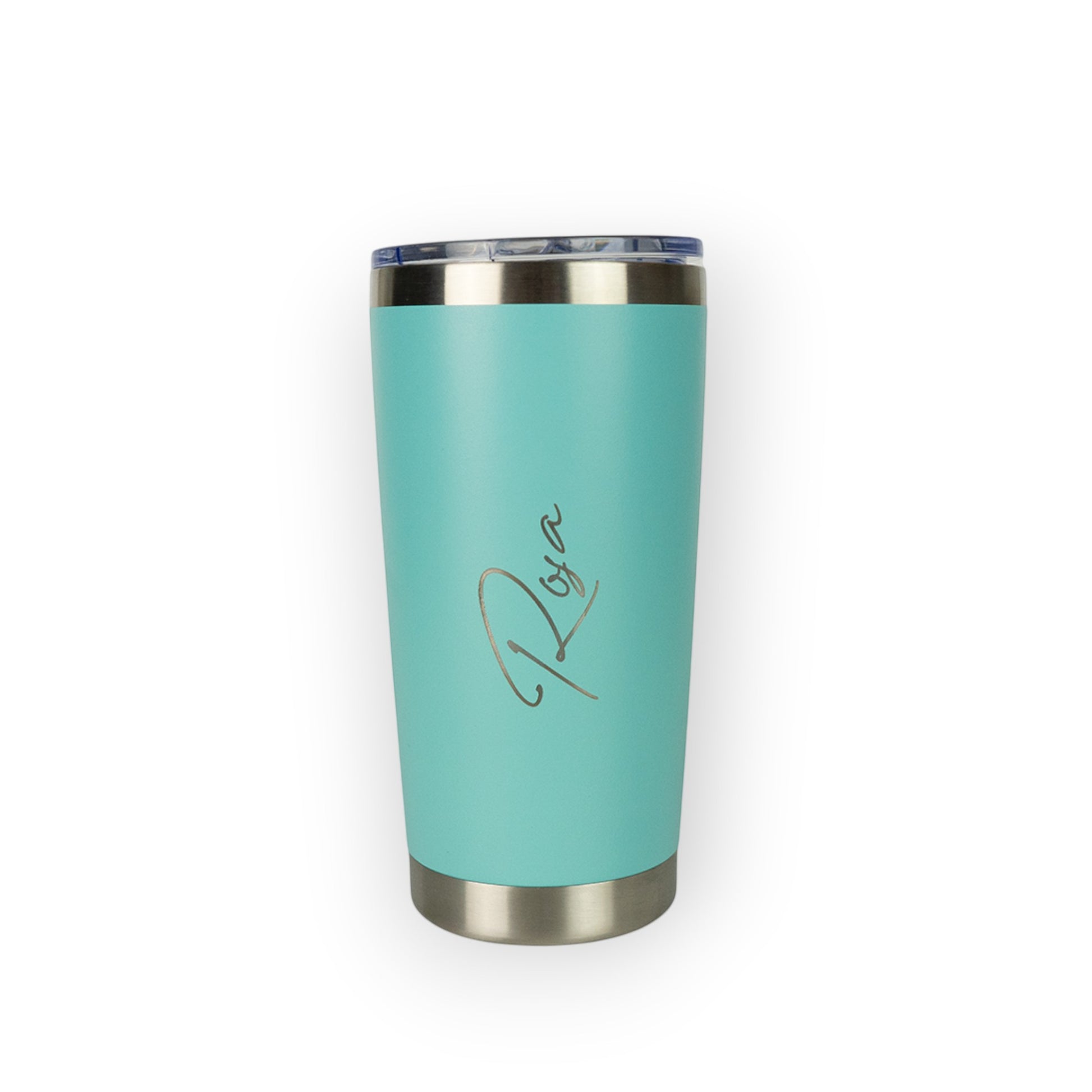 HouseEco personalised turquoise insulated 500ml travel mug with engraved name. Stainless steel base and lid.